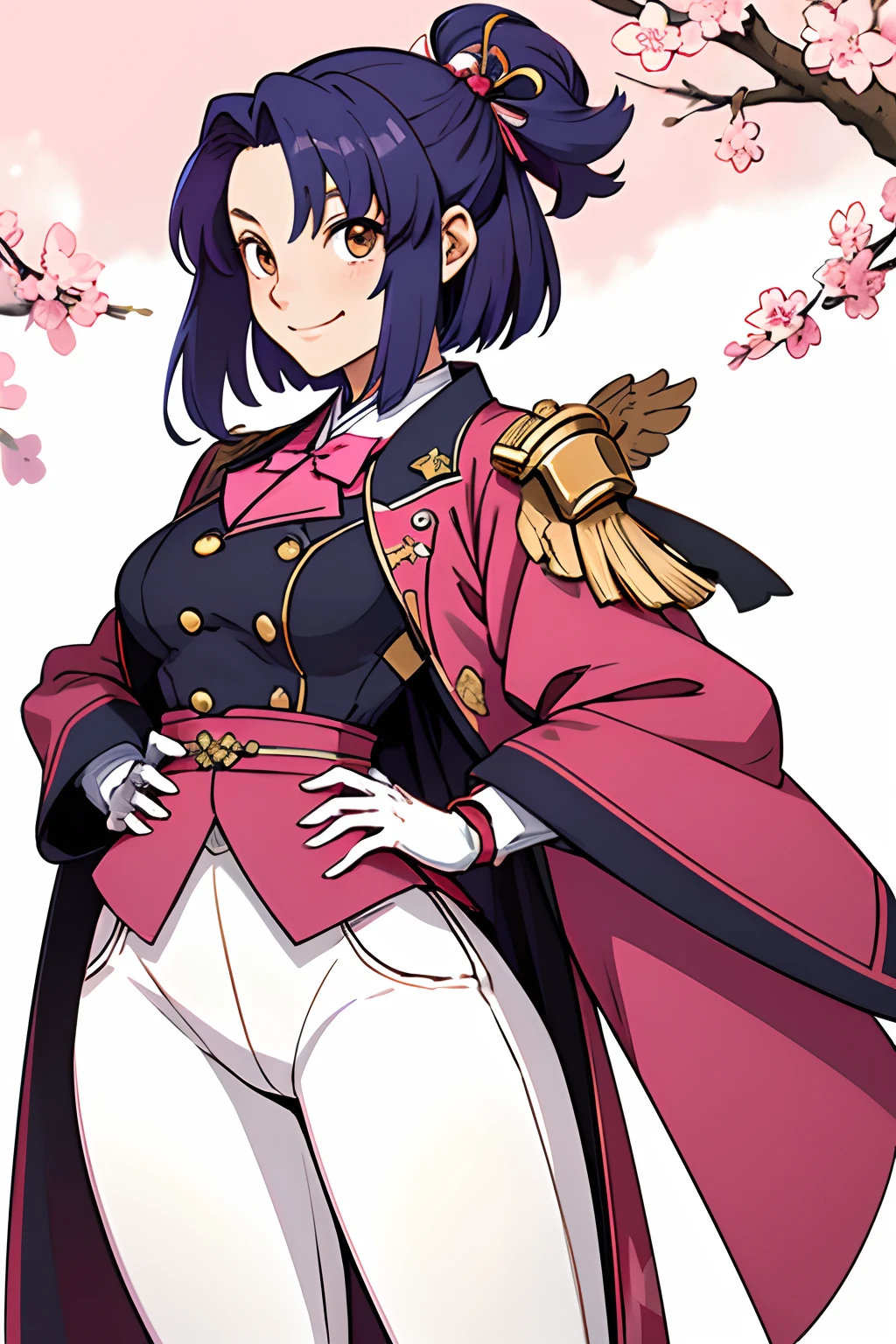 darkblue hair , Bob Hair Girl,((A pink costume like a tailcoat mixed with Japanese clothes and Western clothes is a military uniform))、Taisho era style costume、Japan Anime Style,Here are the brass hardpoints for connecting military uniforms to the machine、It is located around both shoulders and on both sides of the chest and on both sides of the hips and behind the hips、((sakura wars))、Kosuke Fujishima Style、small tits、breasts are small、A smile,((White slim pants style))、((White bottoms)),The skin should be exposed as little as possible,14years、