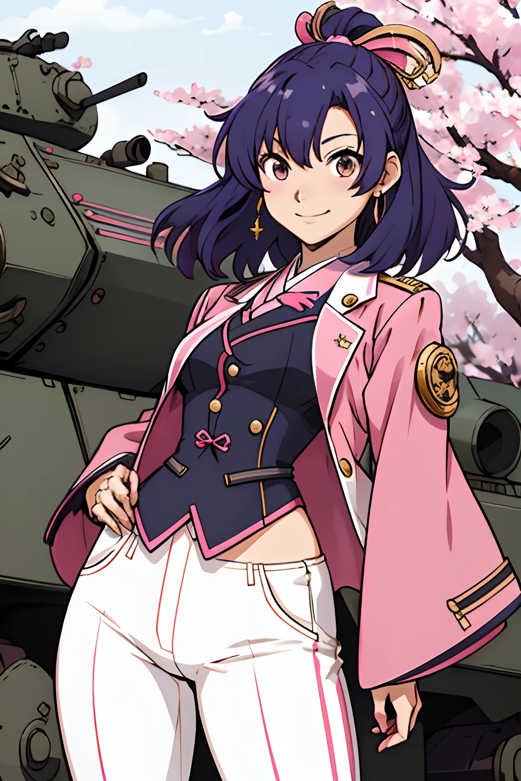 darkblue hair , Bob Hair Girl,((A pink costume like a tailcoat mixed with Japanese clothes and Western clothes is a military uniform))、Taisho era style costume、Japan Anime Style,Here are the brass hardpoints for connecting military uniforms to the machine、It is located around both shoulders and on both sides of the chest and on both sides of the hips and behind the hips、((sakura wars))、Kosuke Fujishima Style、small tits、breasts are small、A smile,((White slim pants style))、((White bottoms)),The skin should be exposed as little as possible,years、