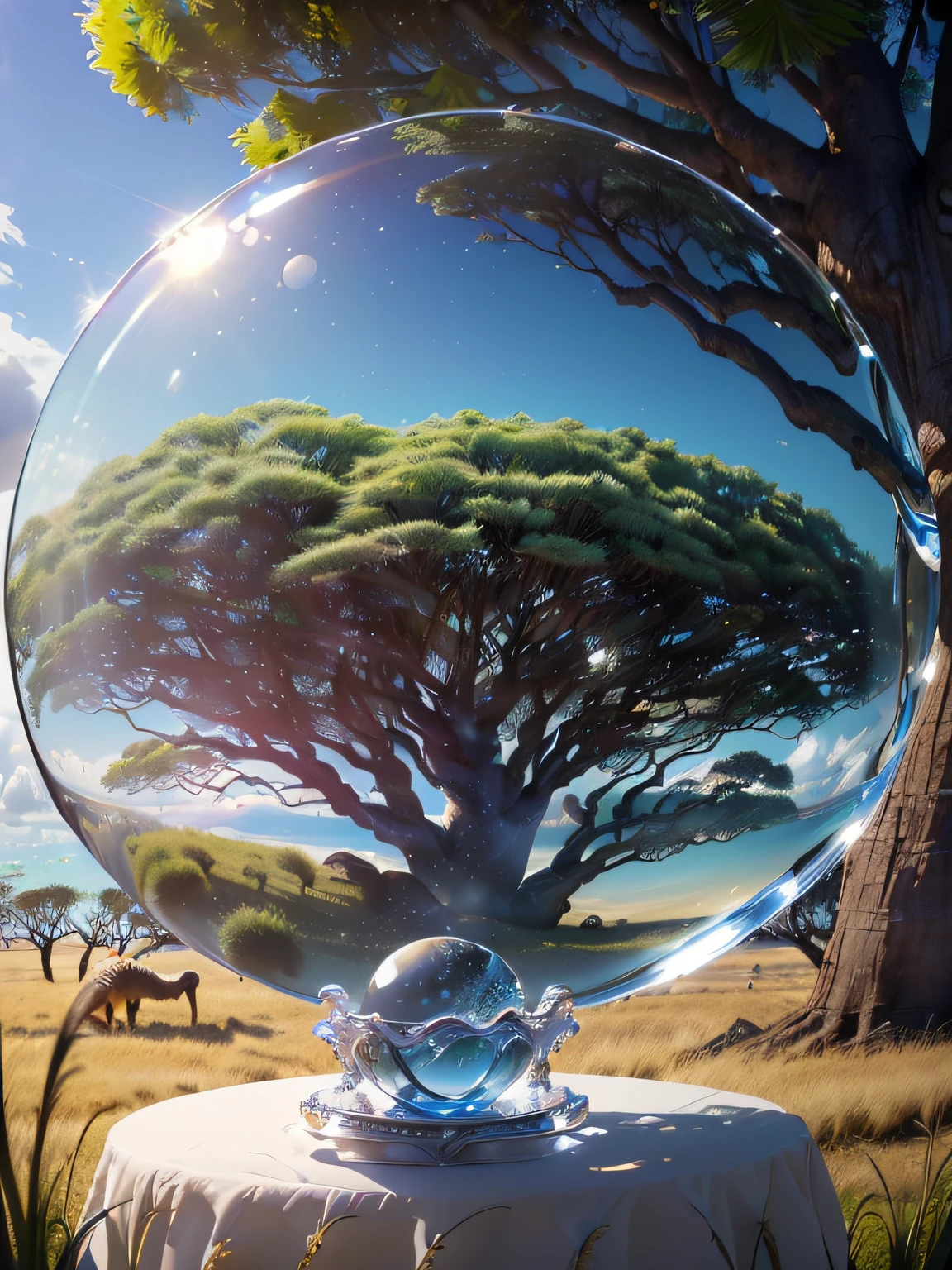 Hyper-realistic、16K High Resolution、(Maximum Sharp Focus:1.3)、(Maximum Close-up:1.5)、(A lot of animals in a crystal ball,There is a pedestal on the table:1.3)、(savana、grassy fields、big trees:1.5)、(White clouds、White fog、milky ways:1.3)、(Large bokeh background、blue back light:1.3)