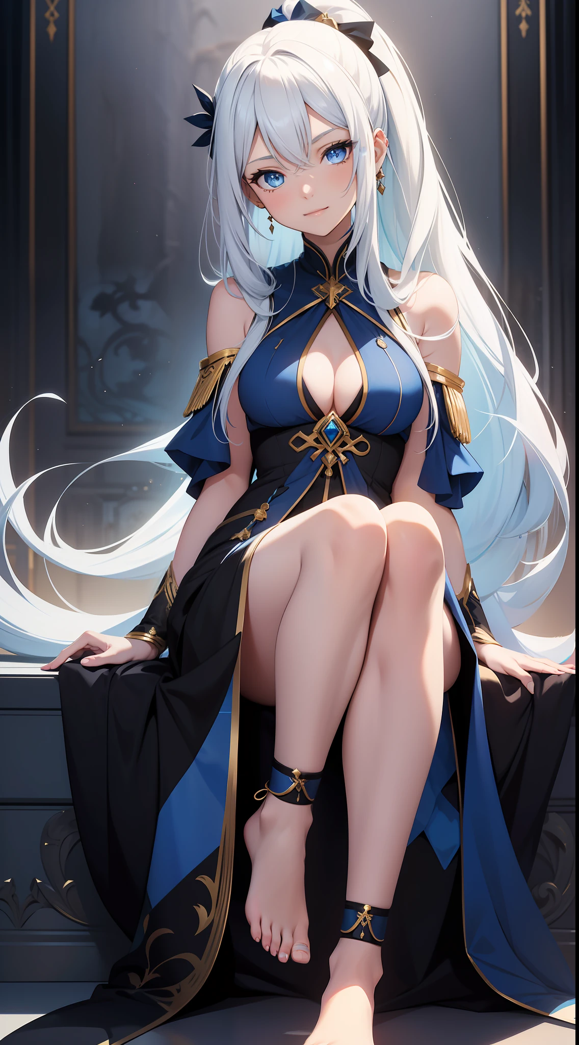 young girl, Long white hair with blue strands, blue eyes, high ponytail, Black blue dress, Gold Elements, bare back, Sits, foot on foot, ssmile, Masterpiece, hiquality