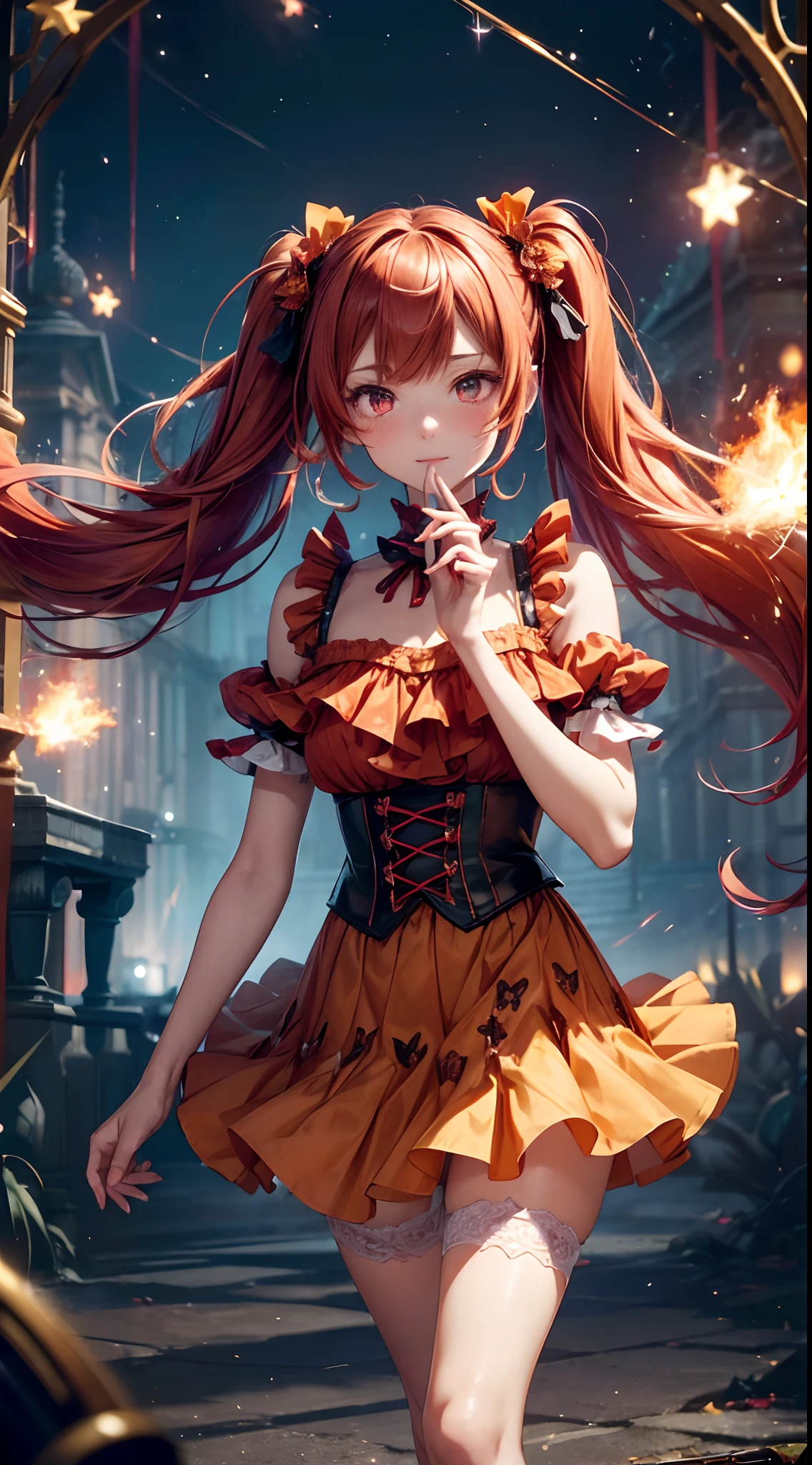 (fullbody, legs and shoes visible: 1.2)) expressive eyes, woman, pale skin, long hair, windblown hair, ((long hair)), long sidelocks, hime bangs, hair fringe, hair bun, ((long twintails)), flaming hair, red hair, blushing, full face blushing, big sparkling glowing red eyes, (gradient eyes), open mouth smile, cute pose,
flowy flaming dress, ((scarlet multicolored open dress)), (floating fire), orange ruffles, yellow frills, (light red lace), detached short sleeves, puffy skirt, ((fire and stars print skirt : 1.3)), ta skirt, dark red bows, ((pompon ribbons hair ornament : 1.4)), multiple bows, striped lace stockings, (heart shaped leg garter), cute (dark orange) shoes ((hyperdetailed clothing and fashion)) looking at you, vintage girl, blushing, (beautiful detailed eyes), (extremely detailed CG unity 8k wallpaper) (best shadow), ((an extremely delicate and beautiful)), (detailed light), ((depth of field)) big head, big sparkling eyes, moe, splash art, cinematic lighting, frontal view, volumetric lighting maximalist photo illustration 64k resolution high res intricately detailed complex key visual precise linear
((in the dark palace background, surrounded by smoking hot sparks, shooting stars)) ((hyperdetailed scenery, foggy, darkness : 1.3))