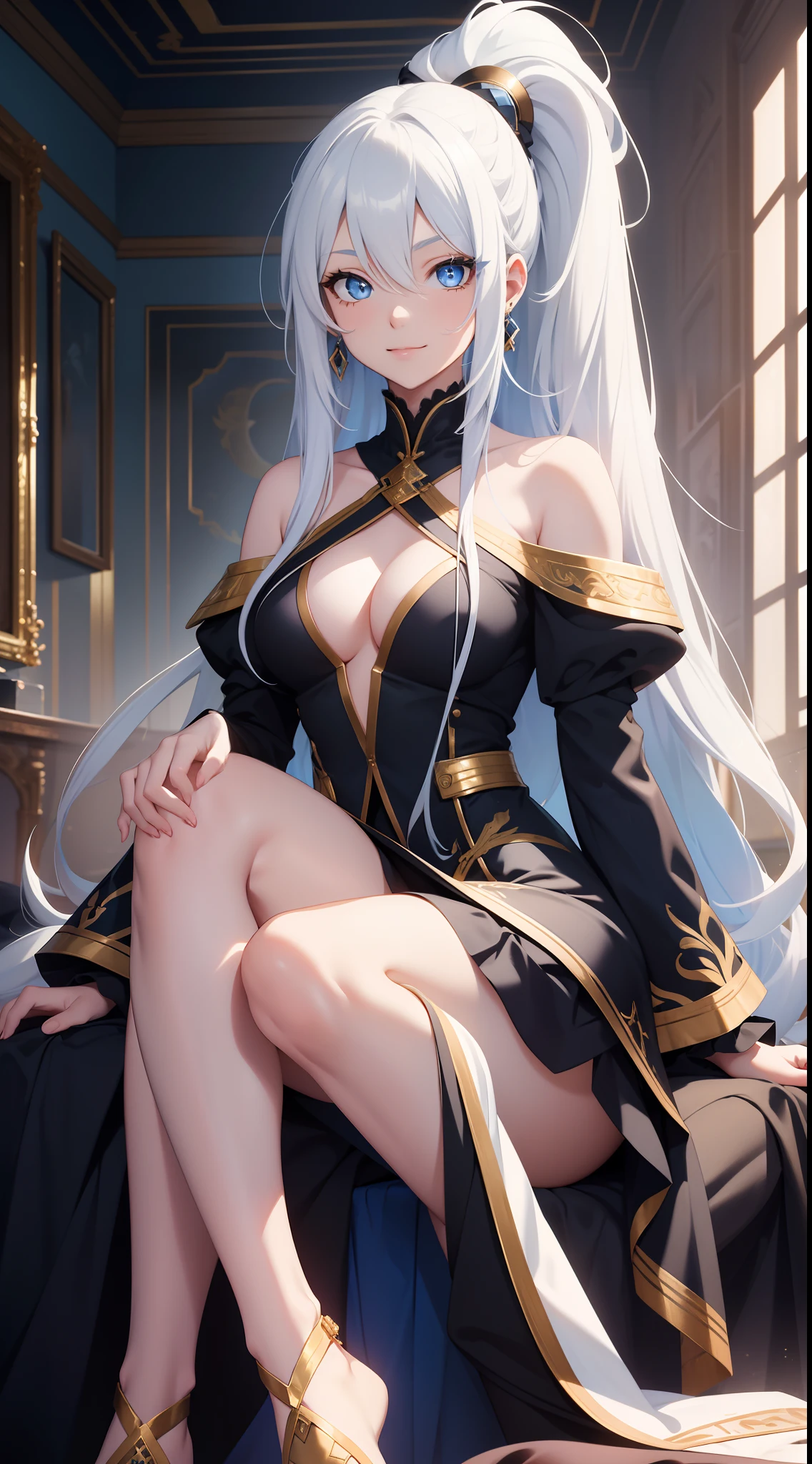 young girl, Long white hair with blue strands, blue eyes, high ponytail, Black blue dress, Gold Elements, bare back, Sits, foot on foot, ssmile, Masterpiece, hiquality