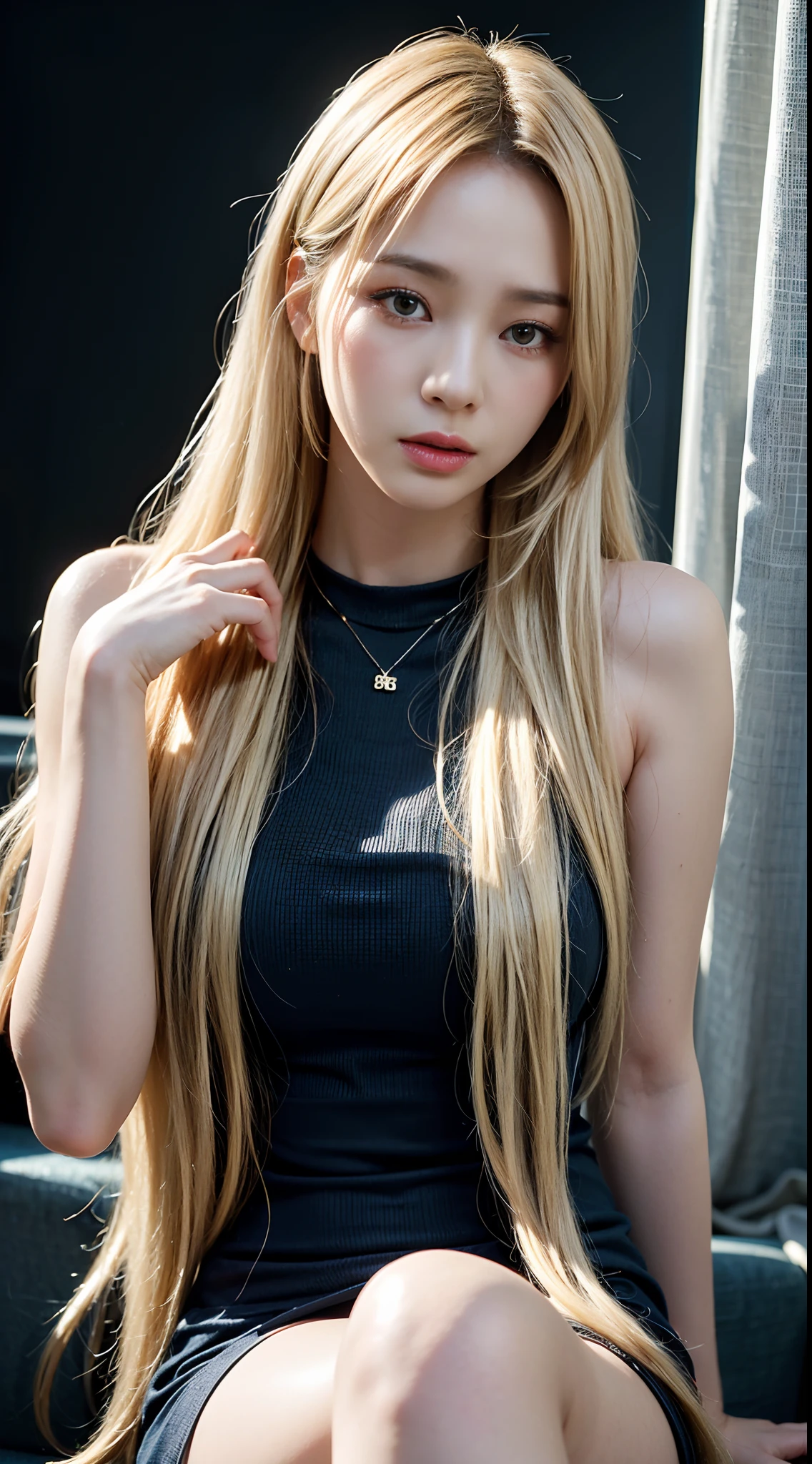 ((Realistic lighting、top-quality、8K、masterpiece:1.3))、Clear focus:1.2、1girl in、flawless beauty:1.4、slim((blonde hair))、Neat and clean clothing、One-piece clothes、Superfine Face、Narrow-eyed、二重まぶた、lighting like a movie、photos realistic、28 year old、Straight hair、Face like a K-pop idol、white backgrounid、Gray background、black backgrounds、Mature Woman、Classy makeup、Light hair color Blonde、Angle of pull、