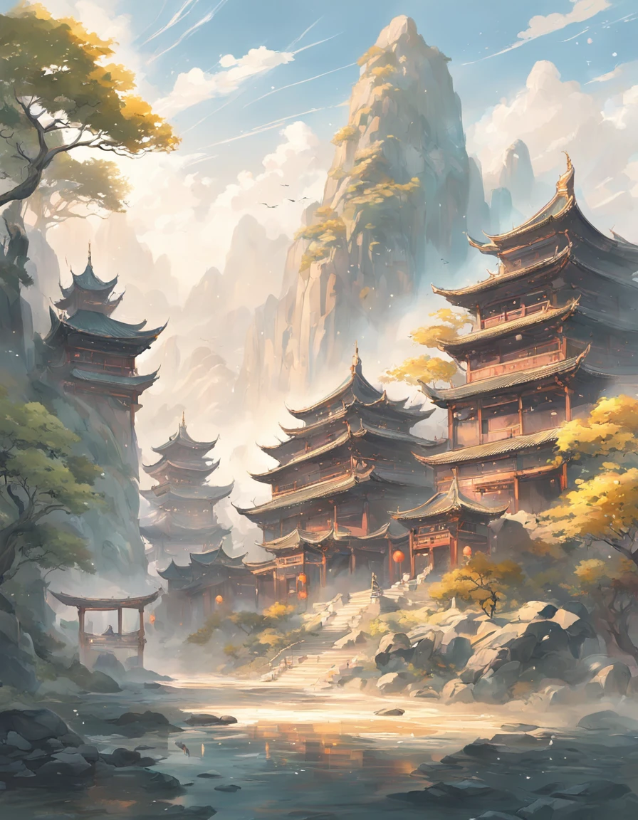 There is a painting，The painting depicts dreamy landscape art, Zen temple background, Oriental fantasy, landscape artwork, Temple background, background artwork, dreamy scenes, Detailed scenery —width 672, dreamy Chinese towns, oriental wallpaper, Chinese landscape, dreamlike digital painting, Atmospheric fantasy sky, dreamy matte painting, surreal dreamscape, Fantasy background