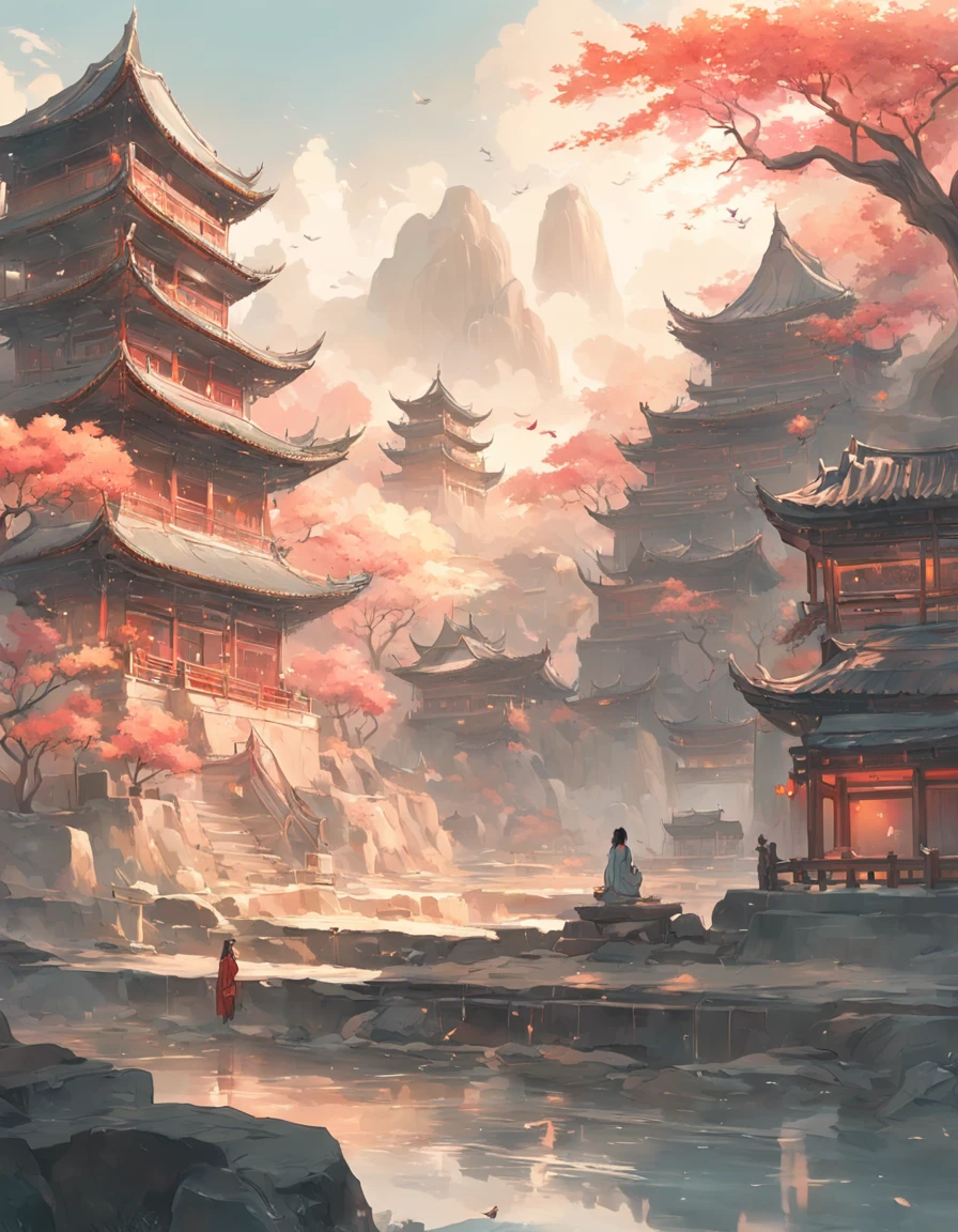 There is a painting，The painting depicts dreamy landscape art, Zen temple background, Oriental fantasy, landscape artwork, Temple background, background artwork, dreamy scenes, Detailed scenery —width 672, dreamy Chinese towns, oriental wallpaper, Chinese landscape, dreamlike digital painting, Atmospheric fantasy sky, dreamy matte painting, surreal dreamscape, Fantasy background