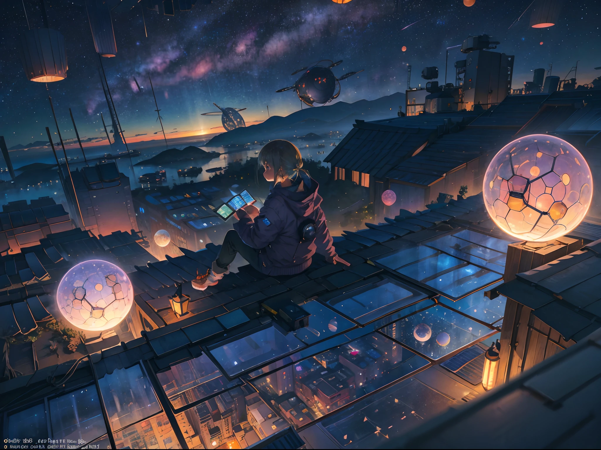 best quality, masterpiece, extremely detailed, detailed background, anime, 1girl, young girl, sci-fi, science fiction, outdoors, night, starry sky, greenhouse, megastructure, bio-dome, landscape, scenery, horizon, rooftop, sitting on rooftop, wind, looking away, atmospheric lighting, solo focus, close up, from side, depth of field, bokeh, lighting balls, floating balls