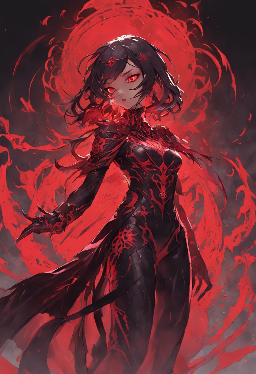 Create an image of a character named Minerva with the following details:

- Appearance: Minerva has an enigmatic and captivating presence. She possesses a unique blend of strength and mystery.
- Eyes: Her eyes are a striking combination of deep black and vibrant red, exuding an aura of power and profound secrets.
- Hair: Her hair is a rich shade of crimson, cascading in graceful waves around her. It contrasts vividly with her pale skin, adding warmth to her overall appearance.
- Ethnicity: She has an Asian-inspired appearance, featuring delicately sculpted features that convey an otherworldly and mysterious beauty.
- Outfit: Minerva wears ninja attire made of her own blood, giving her outfit a distinct crimson hue. Her cloak and attire are designed with intricate patterns resembling a full moon.
- Mask: She wears a skull-shaped mask that partially covers her face, enhancing the air of mystery around her character. Only her penetrating eyes are visible.
- Power: Minerva can manipulate her own blood, similar to the character Skarlet from the Mortal Kombat series. She can shape her blood into sharp blades or protective shields.

Please create an image that captures Minerva's essence, embodying her unique appearance, attire made of blood, and blood-manipulation abilities. The image should reflect her enigmatic and powerful persona, highlighting her eyes, hair, and the interplay of colors between the black, red, and scarlet elements.

Emphasize the Asian-inspired features, the skull-shaped mask, and the intricate moon patterns on her attire. The image should encapsulate her presence as a formidable figure who harnesses her unique powers in a world of intrigue and combat.