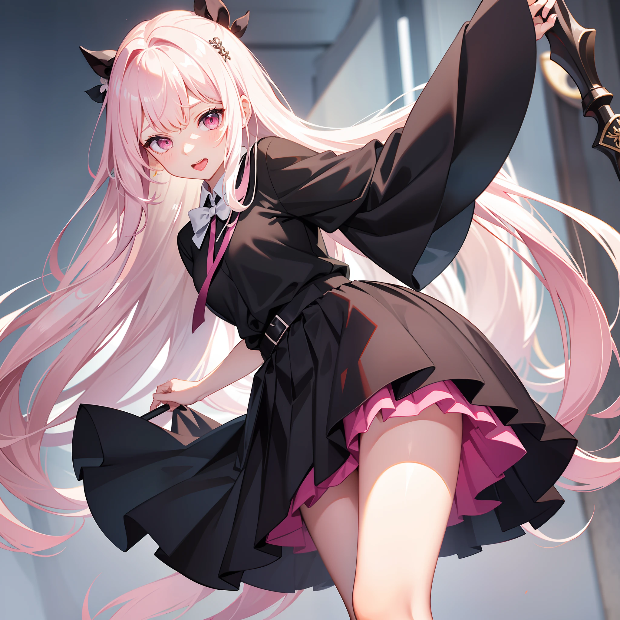 1girl,full ,full body,girly pose,dynamic pose,chained,blood in hair,string choker,body ,tail wrap,thigh strap,tattoo,solo, long hair, open mouth, weapon, pink hair, horns, pointy ears, fang, colored skin, demon girl, claws, colored sclera, black sclera, style_2, onnk,Noyu,loli,cheshire_\(azur_lane\),,mana,