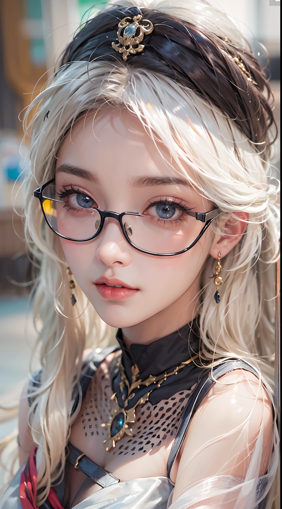 ulzzang-6500-v1.1, (raw photo:1.2), (photorealistic:1.4), beautiful detailed girl, very detailed eyes and face, beautiful detailed eyes, ridiculous, incredibly ridiculous, huge file size, super detailed, high resolution, very detailed, best quality, masterpiece, ((fashion clothing with diverse colors)), illustration, very detailed, CG, unified, 8k wallpaper, amazing, fine detail, masterpiece ,best quality, very detailed CG uniform 8k wallpaper, light on face, movie lighting, 1girl, 25 years old, long white hair, side splits, (big breasts), (no panties)), (glasses), ((dynamic pose))), ((sexy pose))), (camel toe), (half), (pantyhose)), ((black hip skirt))