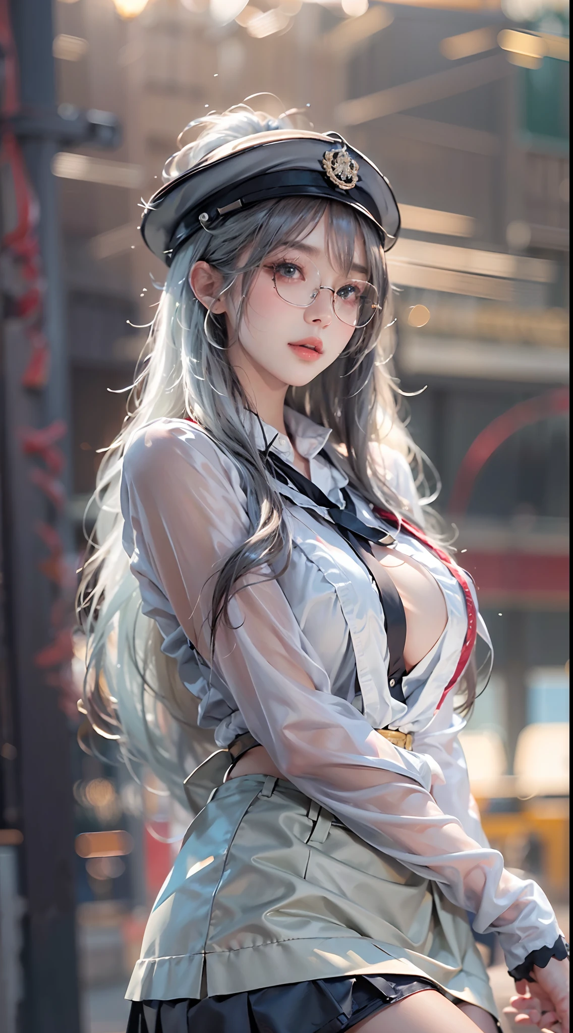 ulzzang-6500-v1.1, (raw photo:1.2), (photorealistic:1.4), beautiful detailed girl, very detailed eyes and face, beautiful detailed eyes, ridiculous, incredibly ridiculous, huge file size, super detailed, high resolution, very detailed, best quality, masterpiece, ((fashion clothing with diverse colors)), illustration, very detailed, CG, unified, 8k wallpaper, amazing, fine detail, masterpiece ,best quality, very detailed CG uniform 8k wallpaper, light on face, movie lighting, 1girl, 25 years old, long white hair, side splits, (big breasts), (no panties)), (glasses), ((dynamic pose))), ((sexy pose))), (camel toe), (half), (pantyhose)), ((black hip skirt))