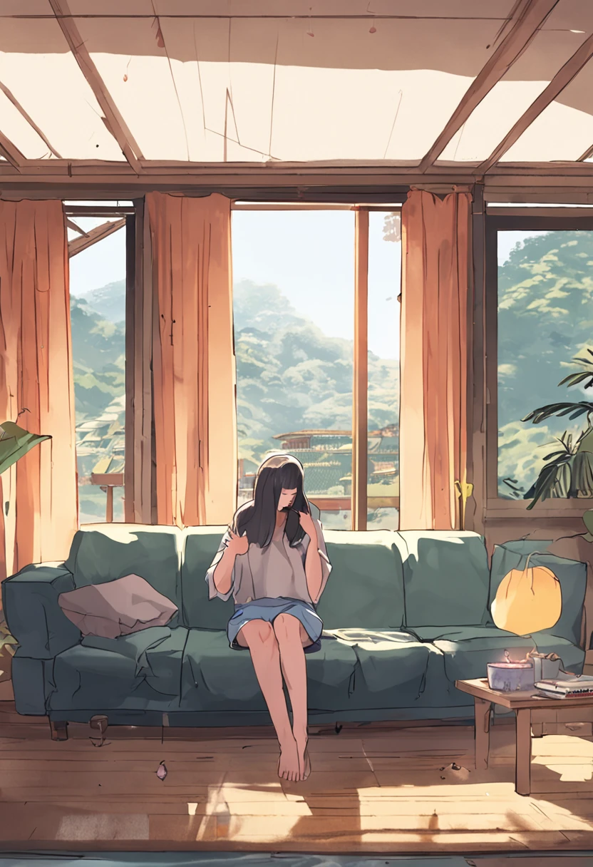 Highlights in the eyes、Portrait photos、After taking a bath、Eating popsicles with sticks、Rooms for single people、Grey sofa、Oversized T-shirt、dim room、Curtains on large windows、Refreshing breeze、japanaese girl