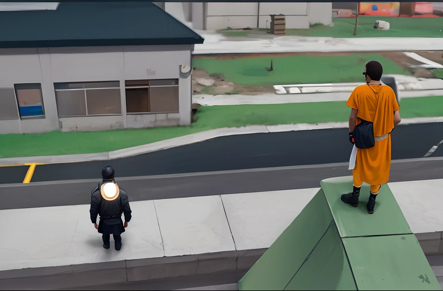 homem negro em cima de um pinheiro do lado direito da tela observando homem branco abaixo dele sem que ele perceba, Dark and post-apocalyptic scenario, realista, 8k