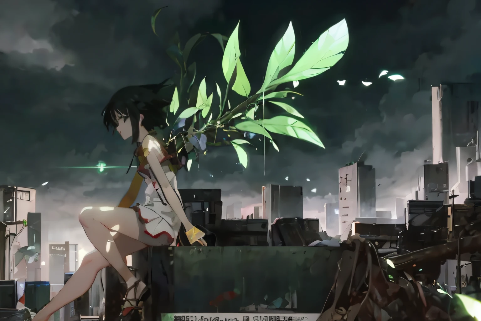 Anime girl sitting on box,Holding a plant in his hand, romanticism lain, author:Hosomura Kane, nightcore, bakemonogatari, anime wallaper, Anime epic artwork, hd anime wallaper, Overgrowth. By Makoto Shinkai, sci fi anime, Beautiful anime artwork, modern sci-fi anime, jormungand anime