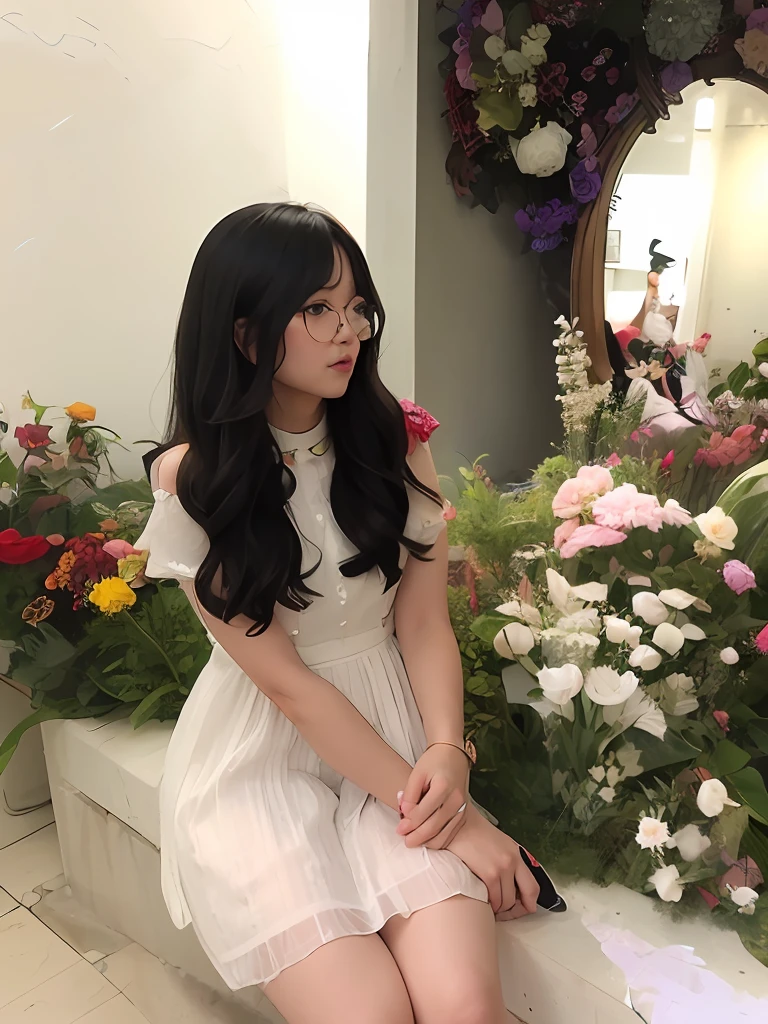 there is a woman sitting on a ledge in front of a mirror, ulzzang, with flowers, with long hair, girl in flowers, jaeyeon nam, with frozen flowers around her, wavy long black hair and glasses, jinyoung shin, flower dress, white hime cut hairstyle, sitting with flowers, belle delphine, asthetic, cynthwave