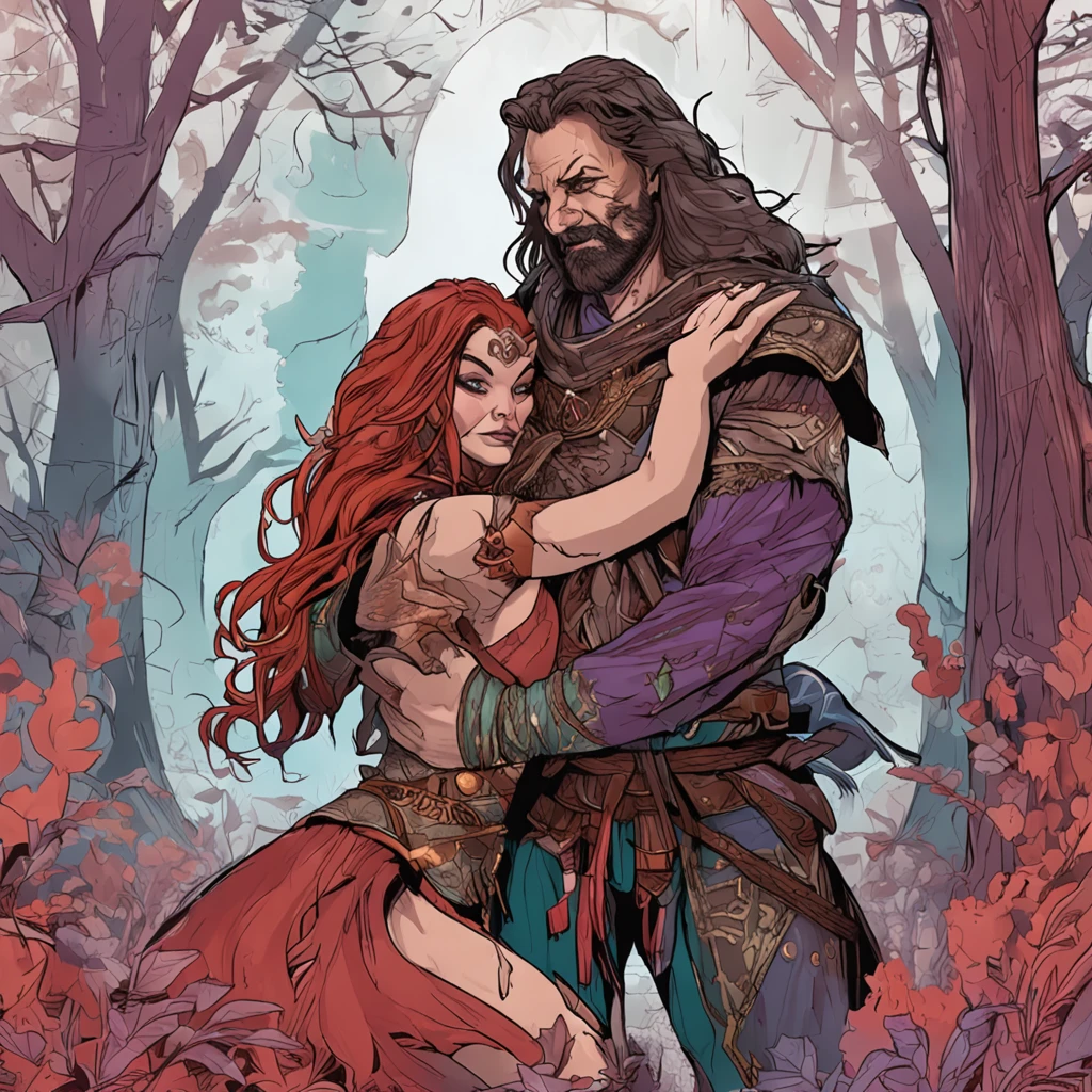 Tarzan and jane, nymphs, swinging on a vine together, Tarzan facing toward James holding her close with his forehead next to hers, she is in a green dress and brown bracers on her wrists, she has long dark brown hair tied in a low pony at the end of her hair. He has reddish brown hair, lean and in a loin cloth