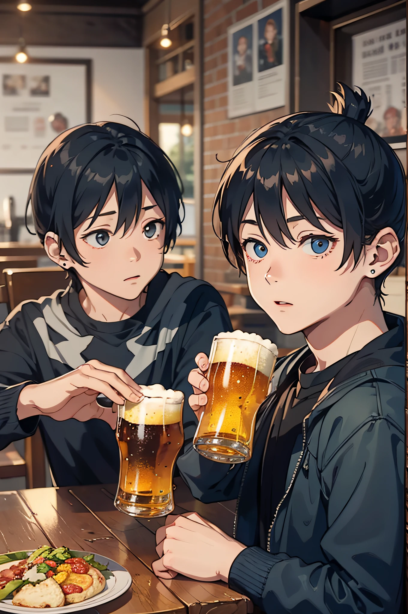 4boy, around the table, drinking beer, a boy is clapping the table with his hands