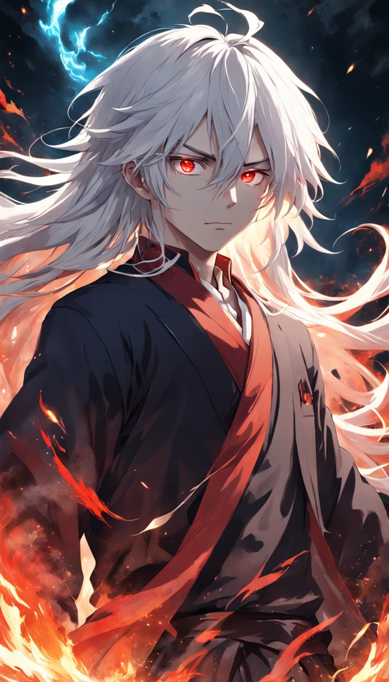 Best quality, Masterpiece, 超高分辨率, (photograph realistic:1.4), surrealism, Dream-like,fusionart, anime boy, long white hair, red eyes, in the dark, fire magic,