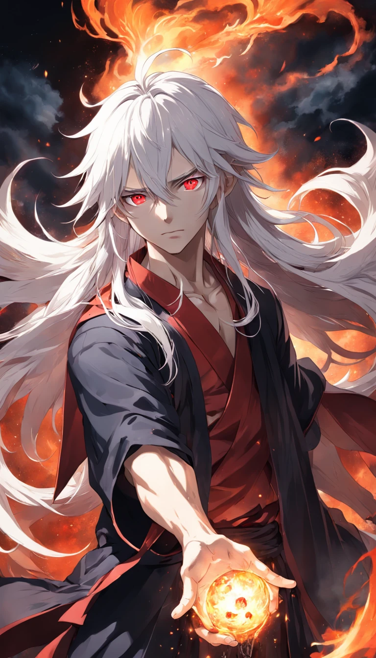 Best quality, Masterpiece, 超高分辨率, (photograph realistic:1.4), surrealism, Dream-like,fusionart, anime boy, long white hair, red eyes, in the dark, fire magic,