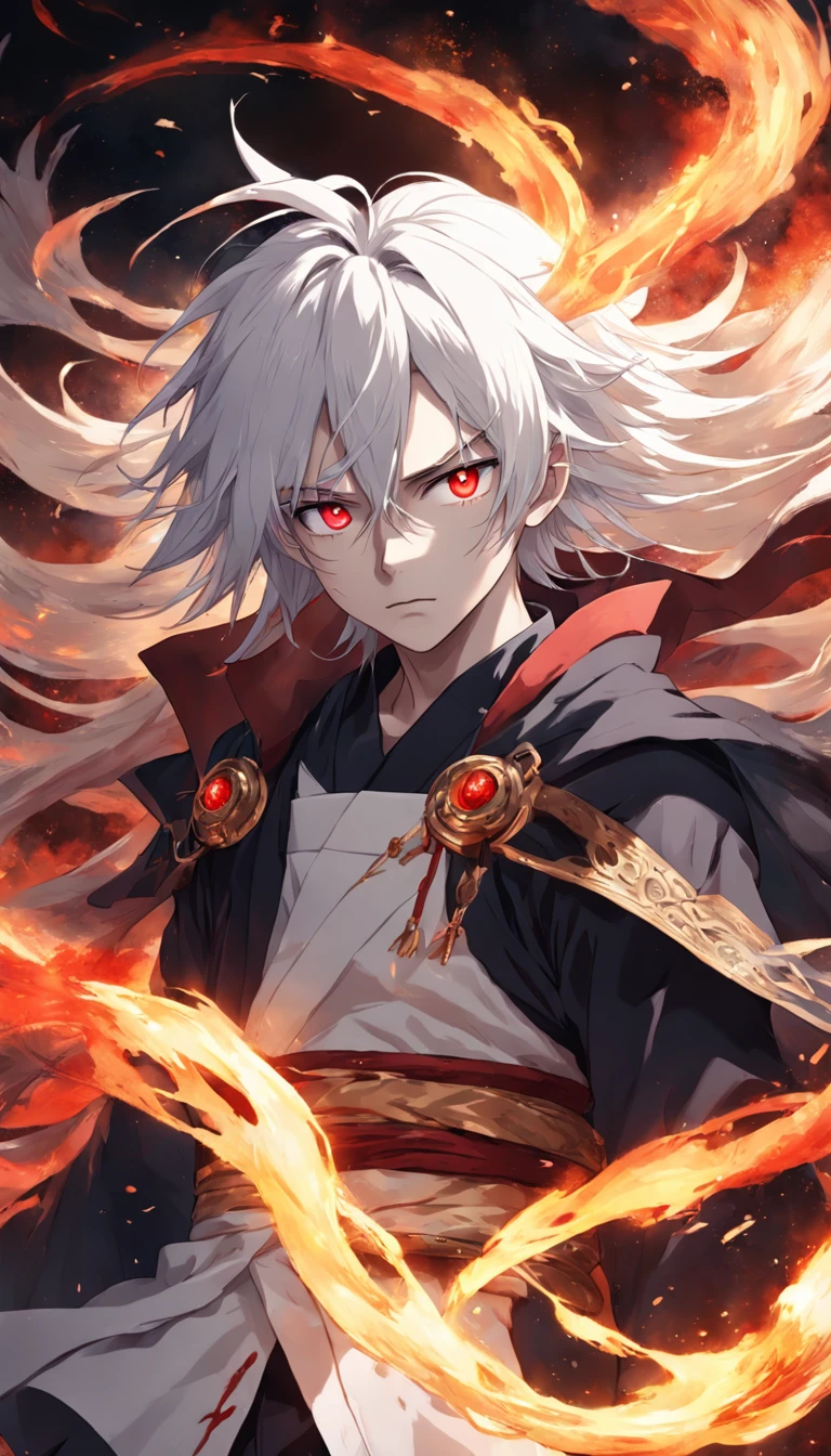 Best quality, Masterpiece, 超高分辨率, (photograph realistic:1.4), surrealism, Dream-like,fusionart, anime boy, long white hair, red eyes, in the dark, fire magic,