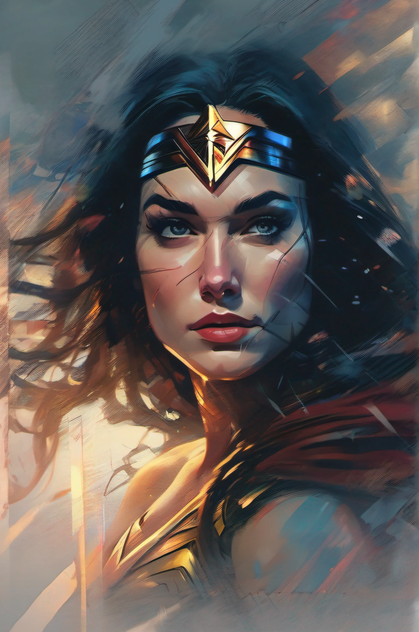A wide shot of Wonder Woman's face, handsome body, abstract beauty, centered, looking at the camera, approaching perfection, dynamic, moon light, Highly detailed, Digital Painting, Artstation, Concept art, Smooth, sharp-focus, illustartion, art by Carne Griffiths and Wadim Kashin