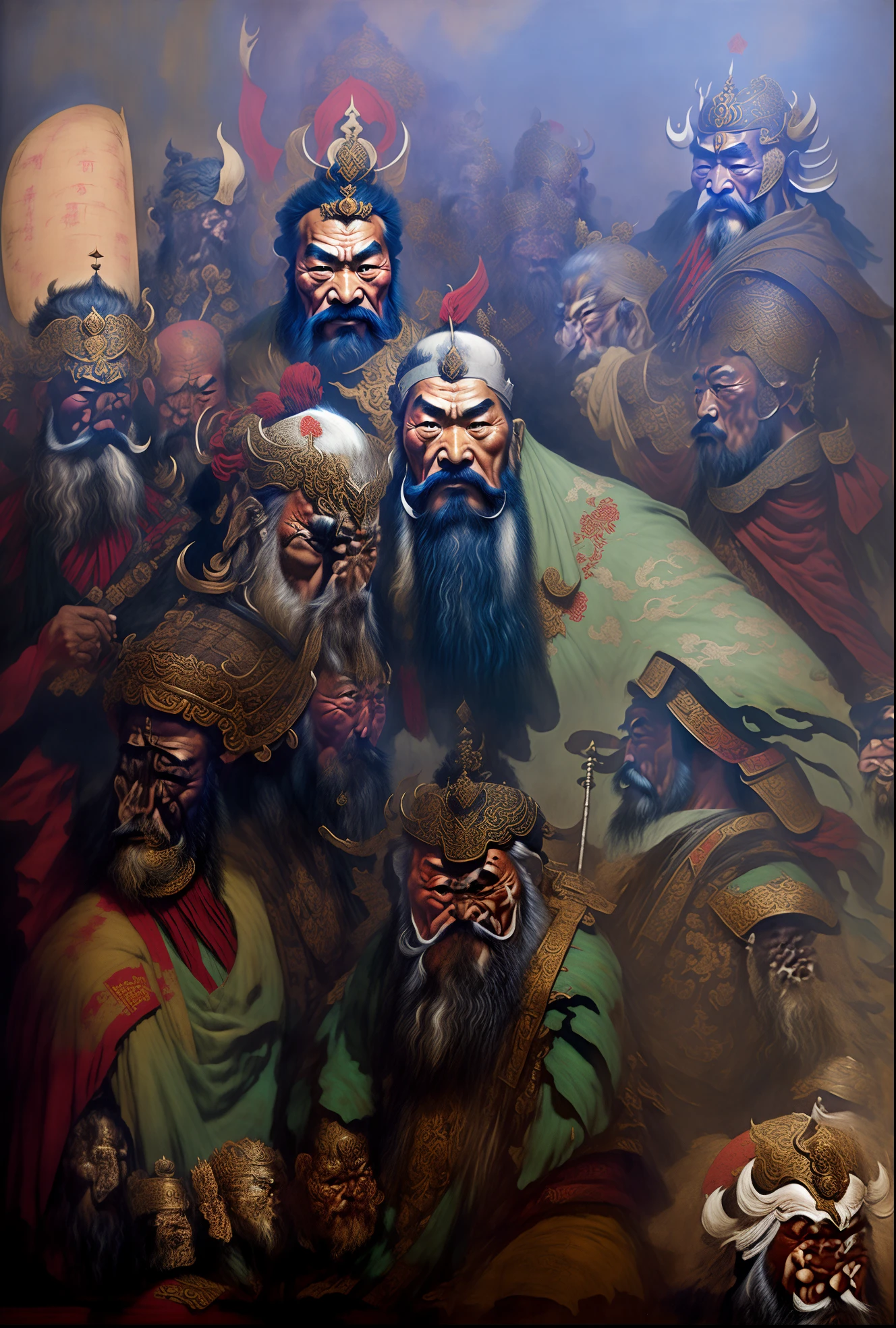 painting of a group of men with masks and a beard, by Li Di, by Li Kan, by Wen Boren, chinese three kingdoms, guan yu, by Sheng Maoye, by Li Zai, bian lian, bo xun ling, by Liu Jue, from three kingdoms, by Cheng Zhengkui, by Zhang Wo, wang liang