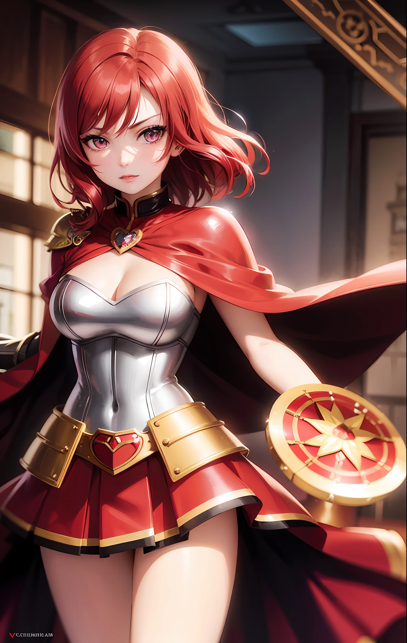 Nishikino maki, Purple eyes, red hair, armor,red skirt, holding shield,cape, cleavage, standing, realistic art, cowboy shot, heart magic