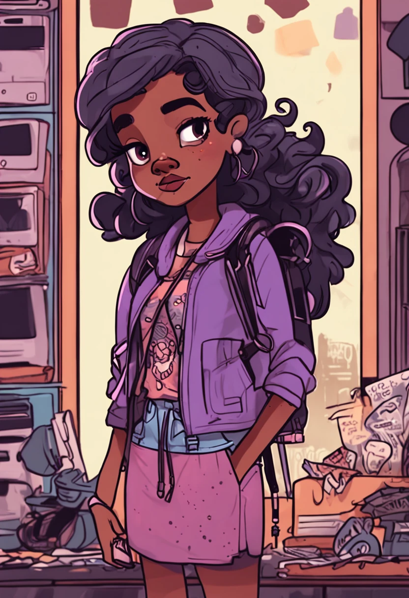 A black girl with two animated drawings with a purple polkadot dress, full body portrait of a short girl!, Annabeth Chase, inspired by Lois van Baarle, urban girl fanart, detailed fanart, girl portrait or kaikamahine zodiac, Girl standing, style gravity falls, Amy Sol no style de, Full body character portrait, Full body character portrait, Loish Van Baarle complete this image