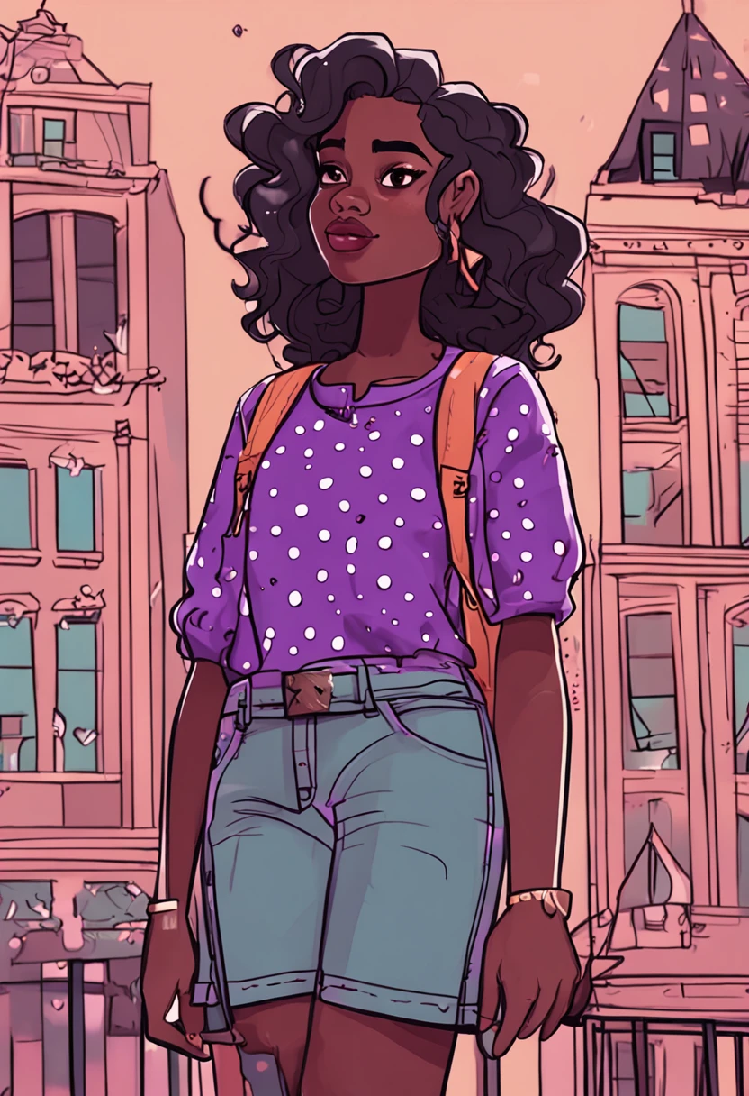 A black girl with two animated drawings with a purple polkadot dress, full body portrait of a short girl!, Annabeth Chase, inspired by Lois van Baarle, urban girl fanart, detailed fanart, girl portrait or kaikamahine zodiac, Girl standing, style gravity falls, Amy Sol no style de, Full body character portrait, Full body character portrait, Loish Van Baarle complete this image