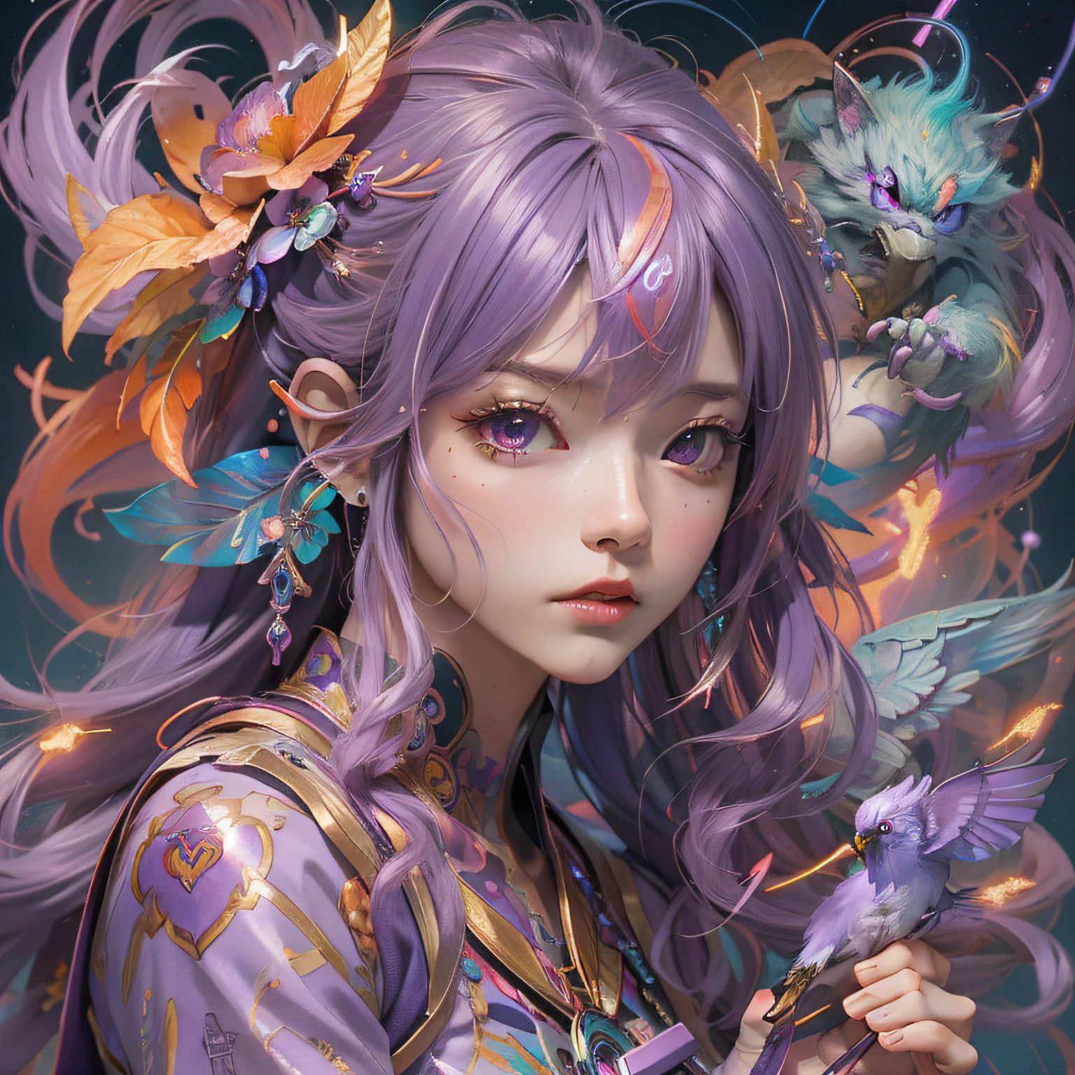 （Purple and orange）、Bundle taro,Lightning speed、Neon Art、Cyber Girl,birdie、Elaborate metallic bones、Ayako Rokkaku、Painting, watercolor paiting、Double helix,foam, Best Quality, masutepiece, 超A high resolution, Intricate details, Mystical