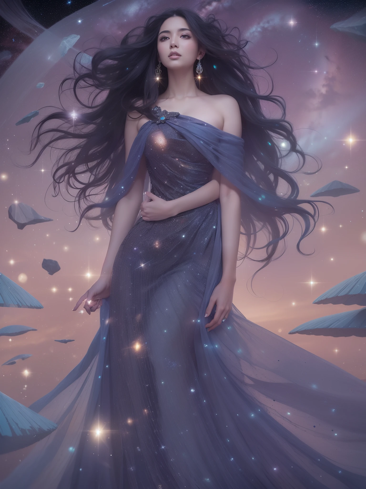 (masutepiece,Best Quality:1.4),(8K,Raw photo,photographrealistic:1.2),(FULL BODYSHOT:1.1),Goddess in the expanse of the Milky Way, Dress made of stardust, Dress adorned with constellation designs,beautiful woman, beautiful face, detailed skin,detailed face,detailed eyes, Crystal Ballet Shoes, Long hair evoking the darkness of the night sky, Large gemstone pendant reminiscent of the cosmos, Glittering trails of flowing stars