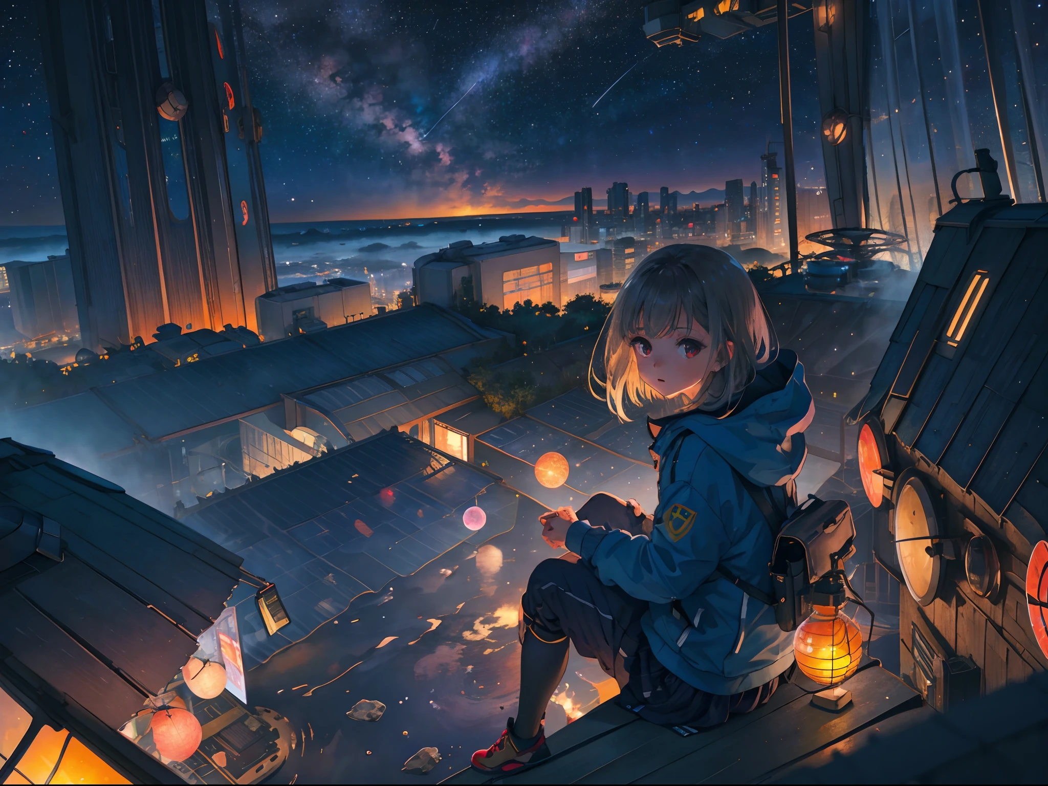 Anime girl sitting on a ledge looking at the city at night - SeaArt AI