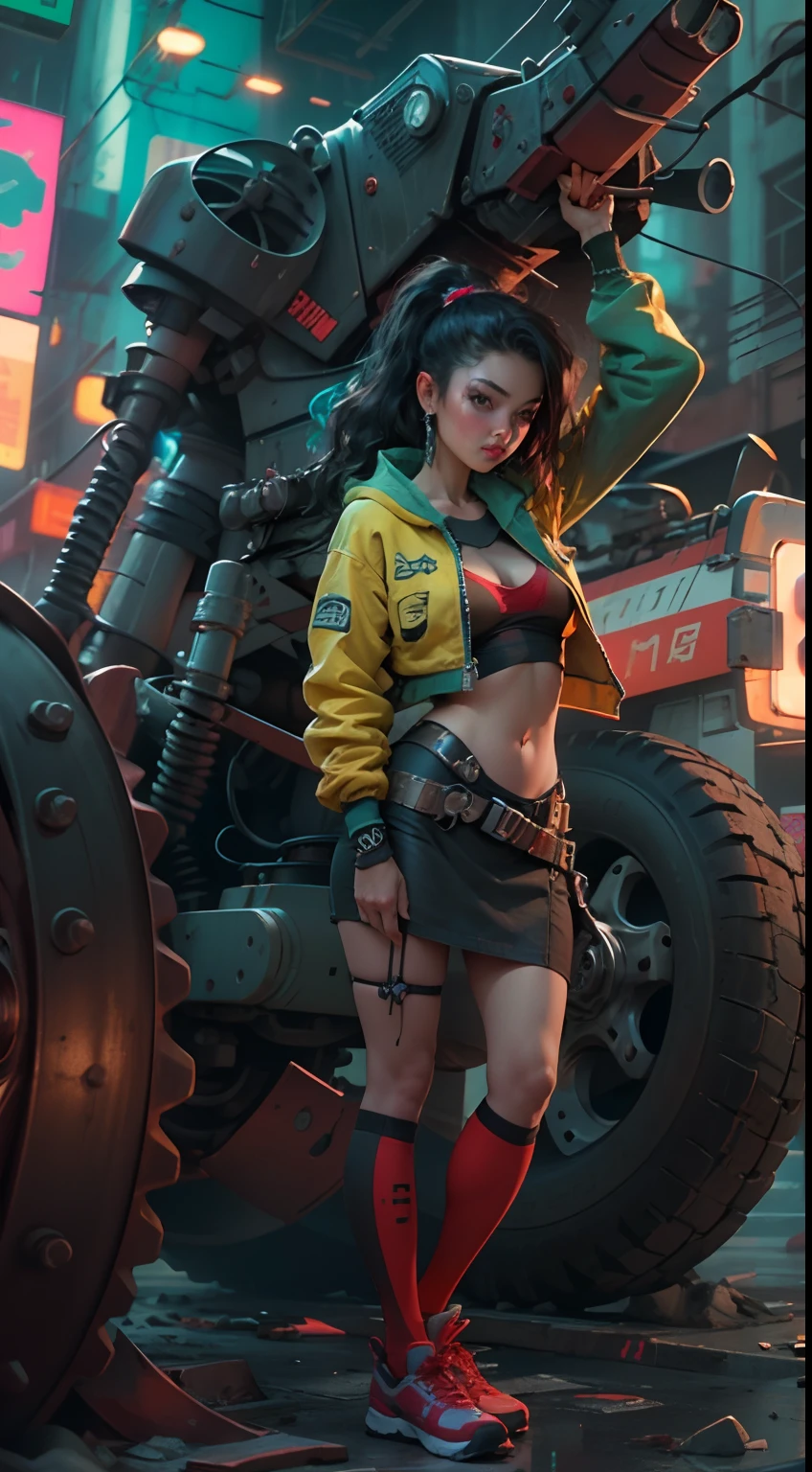 motor irreal:1.4,CG ultra realista 64K, fotorrealista:1.4, textura de la piel:1.4, obra maestra:1.4,Hermosa mujer con lingeries babydoll、Ropa corta estilo cyberpunk color amarillo, pantimedias red , mini skirt blue,