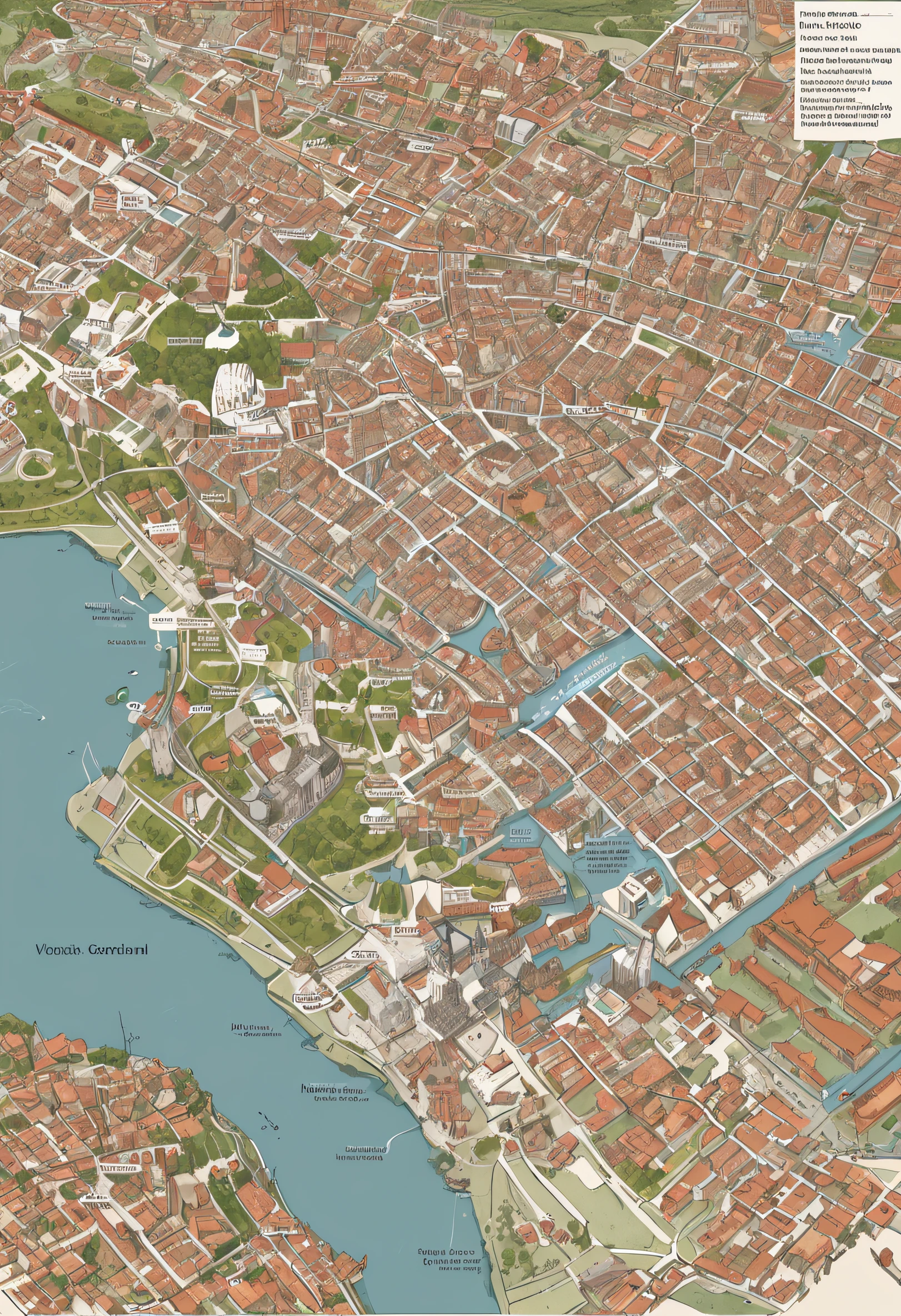 a map that contains Historic Center: Many medieval cities had a historic center, which was often surrounded by walls or fortifications for protection. This historic center would include important buildings, como castelos, igrejas, Squares, Markets and residences of nobles. Distrito Comercial: Usually located near the historic center, The business district was the economic heart of the city. Aqui, you would find markets, feiras e lojas que vendiam uma variedade de produtos, from food to handicrafts and other goods. Distrito Residencial: Medieval cities had areas where people lived. Nobles and the rich often lived near the historic center, while ordinary citizens lived further away. Residential neighborhoods could be divided based on social classes or even professions, creating areas where specific groups of people lived. Distrito Religioso: As igrejas, Monasteries and other religious buildings were often grouped into a religious district. Isso poderia incluir uma catedral proeminente, capelas e outros locais de culto. Distrito Industrial: Depending on the size of the city and local economic activities, there could be an area dedicated to industrial activities, como artesanato, production of manufactured goods and processing of raw materials. Agricultural District: Some medieval cities had areas in the vicinity where agriculture and animal husbandry took place. These areas could provide food and resources for the city. Distrito Militar: Em cidades fortificadas, There was often a district that housed barracks, military supply warehouses and other defense-related buildings. Water District: If the city was located near a river, lago ou mar, There could be a district focused on water-related activities, como portos, Docks and shipbuilding.