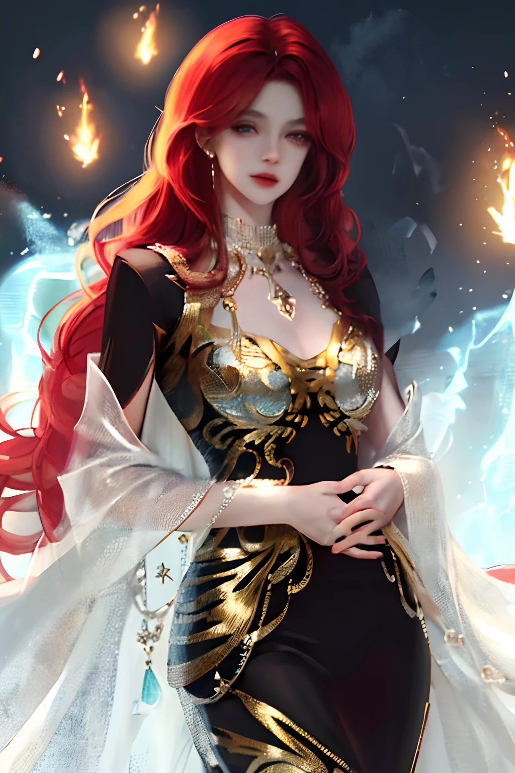 yellow long hair,male people,Wearing a white dress,Holding hands with a woman with long red hair,The woman wore a long black dress,Male ice magician,Women are fire magicians,quadratic element