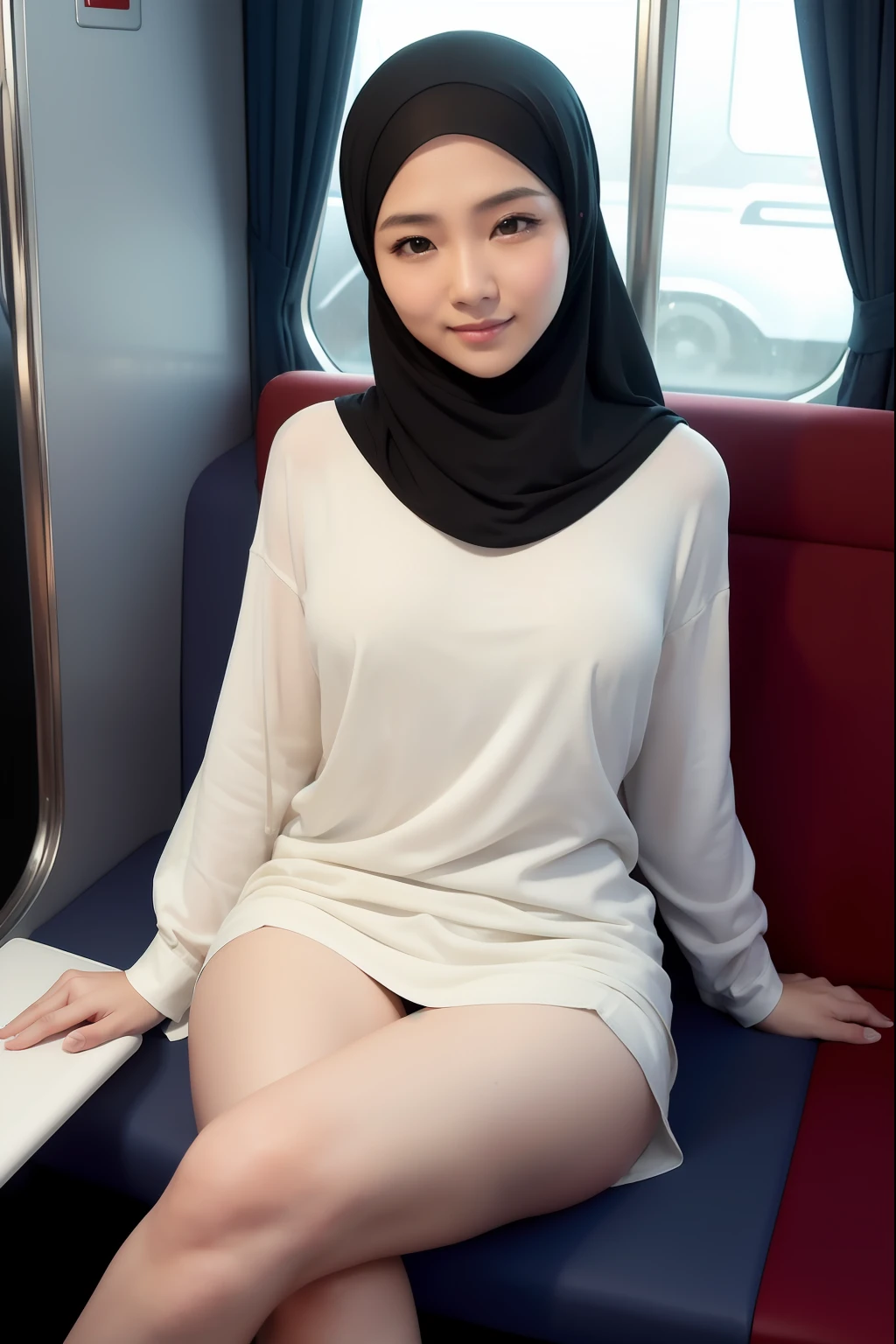 【Image quality (clarity and drawing)】
Highest quality

【Character, character setting】
Around 35 years old, beautiful, malay women

【Direction of the character (camera angle), visible parts, eye line, pose, etc.】
Looking this way, leaning forward, sexy

【Face (expression)】
Smiling

【Body type】
Large breasts, slim

【Clothing (upper body, lower body), hats, accessories on the head, neck equipment, etc.】
Underwear
Wear Hijab

【Timeframe (morning, noon, evening, night, etc.) or brightness】
Night

【Background and scenery, etc., in detail】
On a train, sitting in a chair