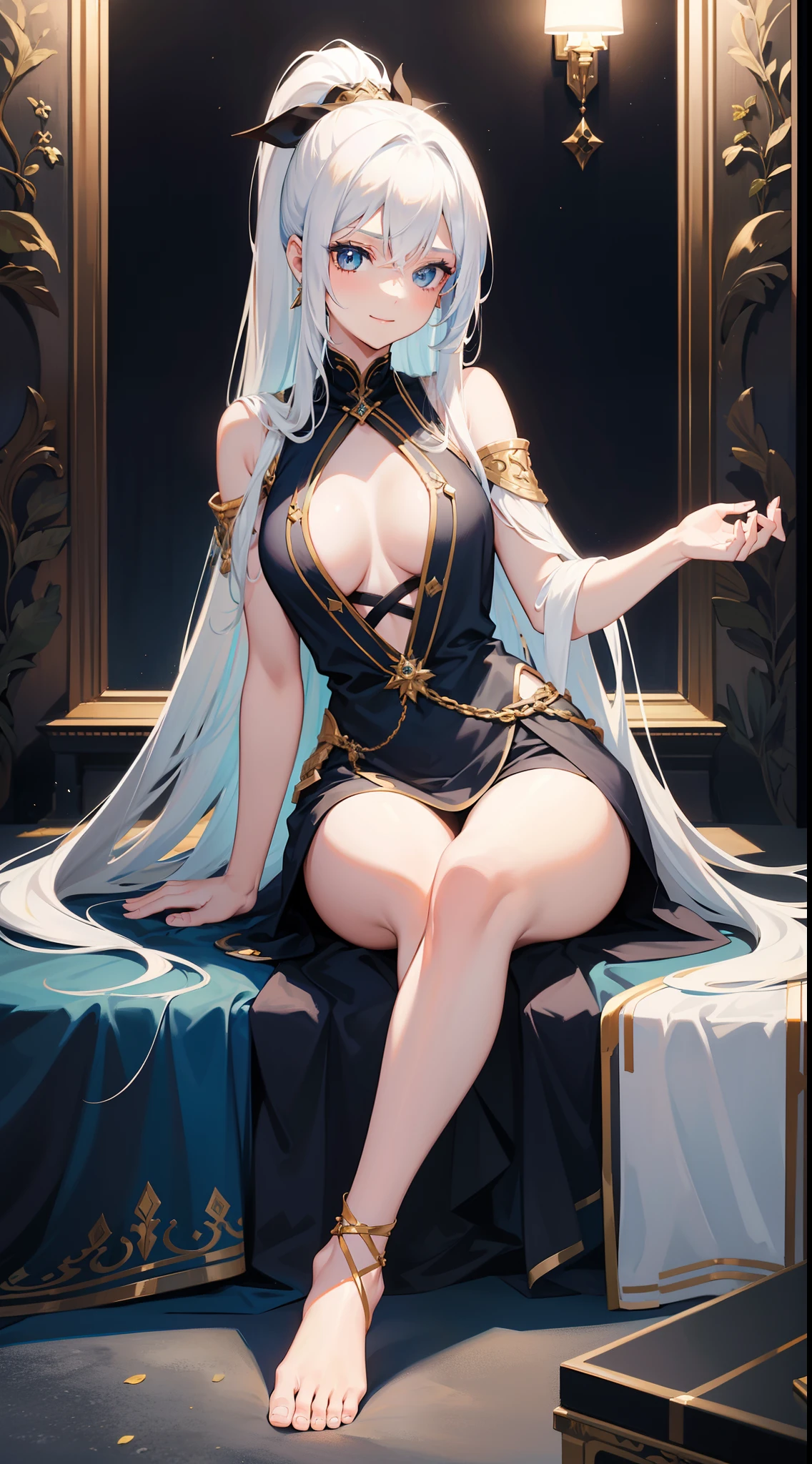 young girl, Long white hair with blue strands, blue eyes, high ponytail, Black blue dress, Gold Elements, bare back, Sits, foot on foot, ssmile, Masterpiece, hiquality