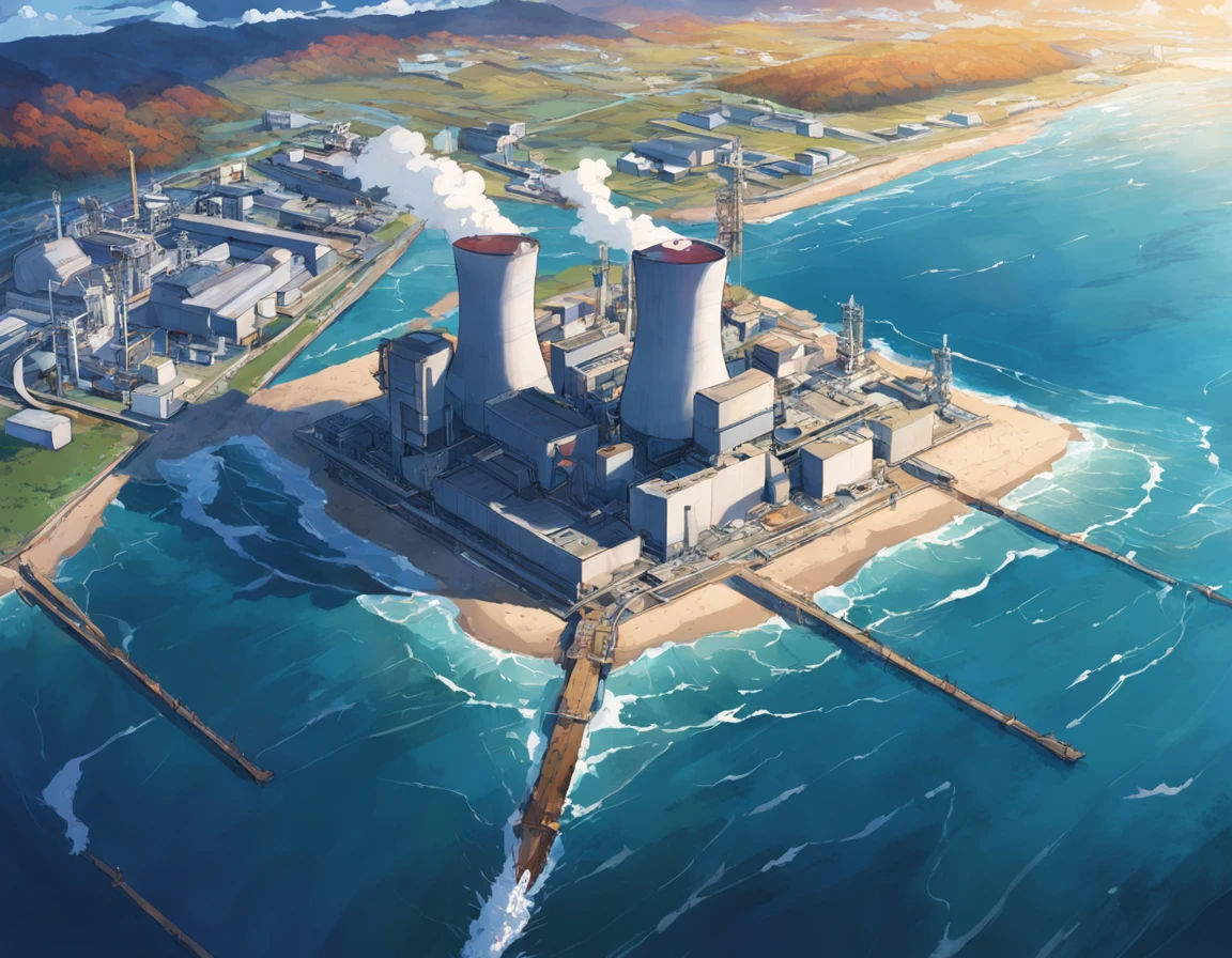 Depicting the appearance of the Fukushima nuclear power plant, Show the drain,Dumping contaminated water into the ocean. Emphasize the contrast between nuclear power plants and the vast sea
