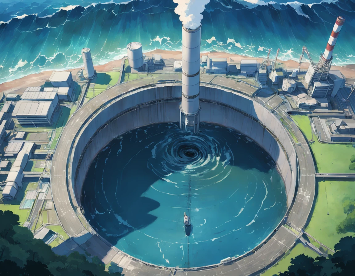 Depicting the appearance of the Fukushima nuclear power plant, Show the drain，Dumping contaminated water into the ocean. Emphasize the contrast between nuclear power plants and the vast sea