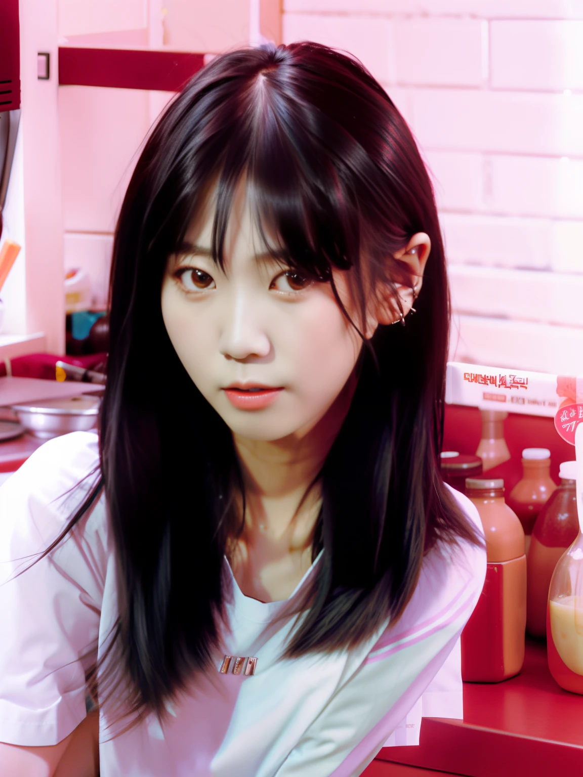 In the kitchen sat a woman with long black hair, ulzzangs, She has black hair，By bangs, black hime cut hair, jaeyeon nam, hime-cut, Shin Jinying, With bangs, chiho, hair blackbangs hair, tidy hair，By bangs, with full bangs, white hime cut hairstyle, with short hair, Choi Hyun-hwa