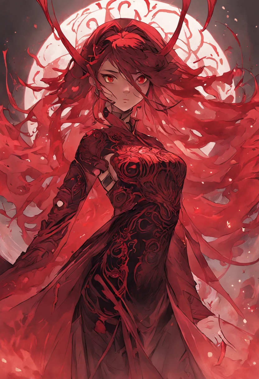 Create an image of a character named Minerva with the following details:
- Appearance: Minerva has an enigmatic and captivating presence. She possesses a unique blend of strength and mystery.
- Eyes: Her eyes are a striking combination of deep black and vibrant red, exuding an aura of power and profound secrets.
- Hair: Her hair is a rich shade of crimson, cascading in graceful waves around her. It contrasts vividly with her pale skin, adding warmth to her overall appearance.
- Ethnicity: She has an Asian-inspired appearance, featuring delicately sculpted features that convey an otherworldly and mysterious beauty.
- Outfit: Minerva wears ninja attire made of her own blood, giving her outfit a distinct crimson hue. Her cloak and attire are designed with intricate patterns resembling a full moon.
- Mask: She wears a skull-shaped mask that partially covers her face, enhancing the air of mystery around her character. Only her penetrating eyes are visible.
- Power: Minerva can manipulate her own blood, similar to the character Skarlet from the Mortal Kombat series. She can shape her blood into sharp blades or protective shields.
Please create an image that captures Minerva's essence, embodying her unique appearance, attire made of blood, and blood-manipulation abilities. The image should reflect her enigmatic and powerful persona, highlighting her eyes, hair, and the interplay of colors between the black, red, and scarlet elements.
Emphasize the Asian-inspired features, the skull-shaped mask, and the intricate moon patterns on her attire. The image should encapsulate her presence as a formidable figure who harnesses her unique powers in a world of intrigue and combat.