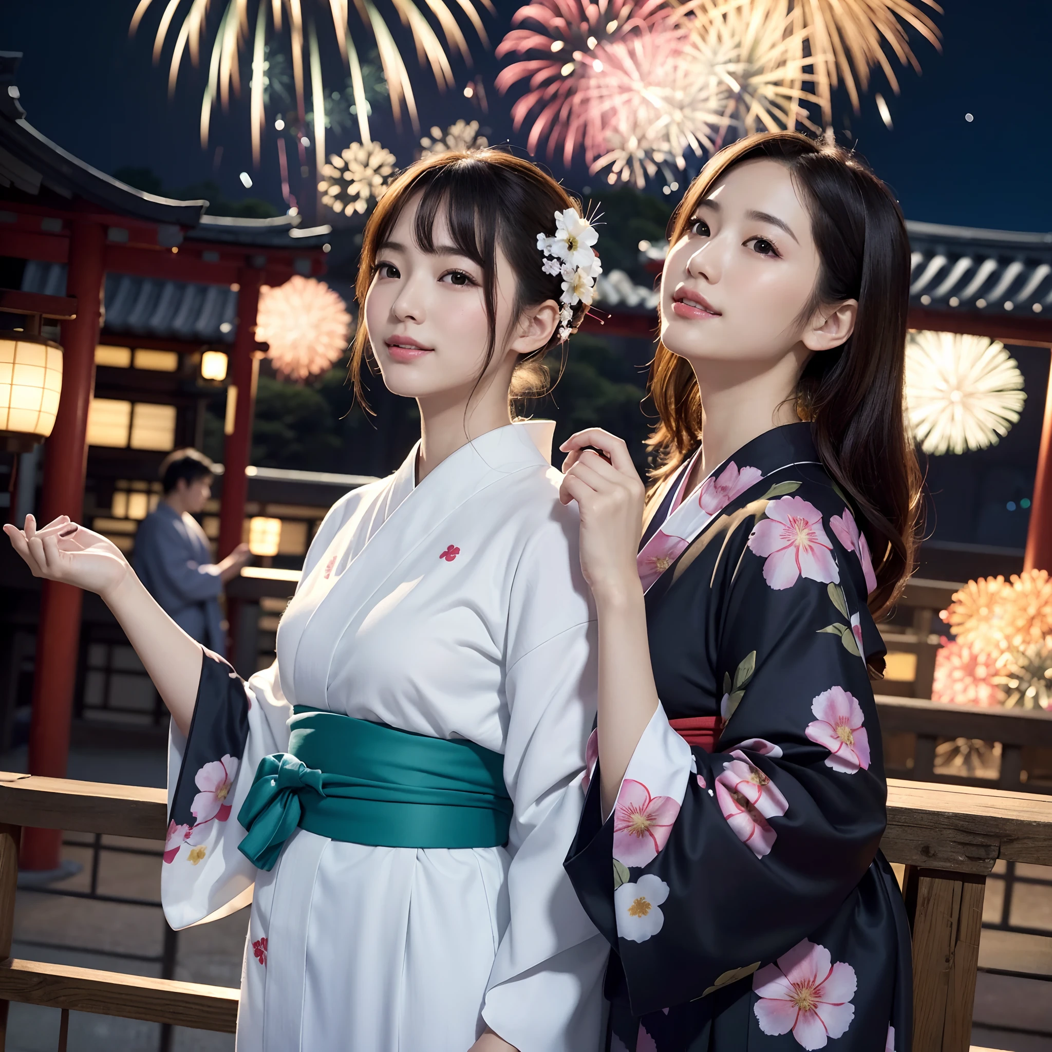 (in 8K、RAW Photos、top-quality、masterpiece:1.2)、(realisitic、Photorealsitic:1.37)、ultra-detailliert、超A high resolution、lighting like a movie、(((Beautiful Japan woman looking up at fireworks)))、A smile、woman wearing the kimono、classy yukata clothing、Wearing a colorful yukata、Wearing a kimono、japanese kimono、wearing a haori、Yukata with morning glory pattern、Have a yoyo、Have a fan、dynamic ungle、动态照明