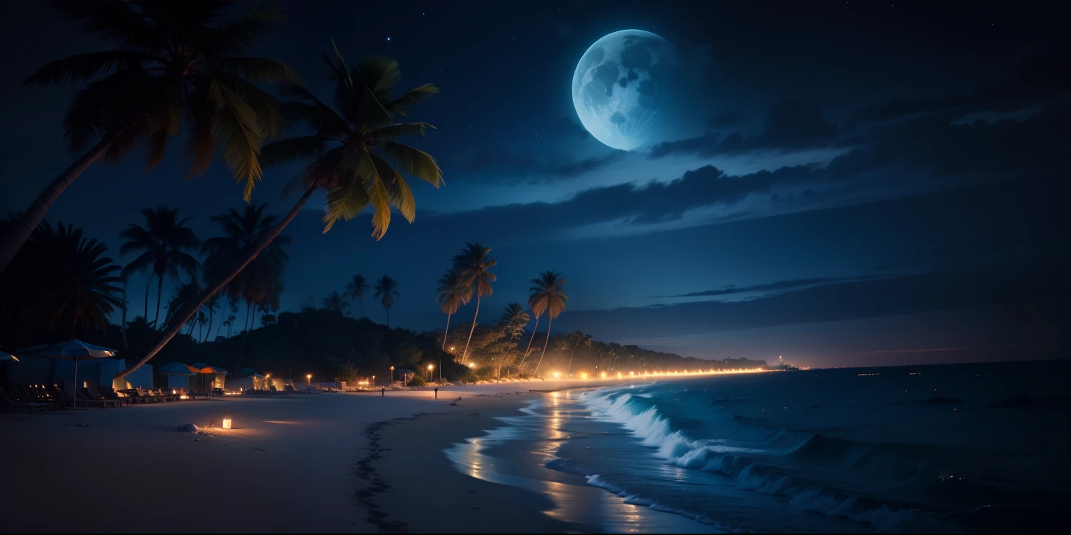 A view of a beach with palm trees and a full moon - SeaArt AI