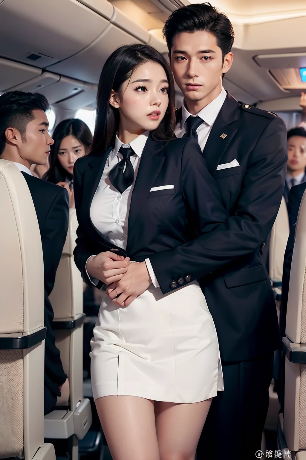 (in 8K、Raw photography、Highest Quality、realisitic、Photorealsitic、Professional Lighting、masterpiece、extremely delicate and beautiful、Highly detailed、finely detail、ultra-detailliert、hight resolution、full-shot)、SFW、Detailed scenario of a very crowded cabin、(((On the plane)))、1girl in、1 Flight attendants、Beautiful female flight attendant(woman 1)ha、Wearing a flight attendant uniform、Beautiful face:1.5、Model body type、small tits、All passengers except one female are male........:ung man in suit、(woman 1)Touching the body of、Young men(woman 1)hug from behind、Young men(woman 1)Touching the chest of、Young men(woman 1)Flip up the skirt of、Black panties are visible、NSFW What、