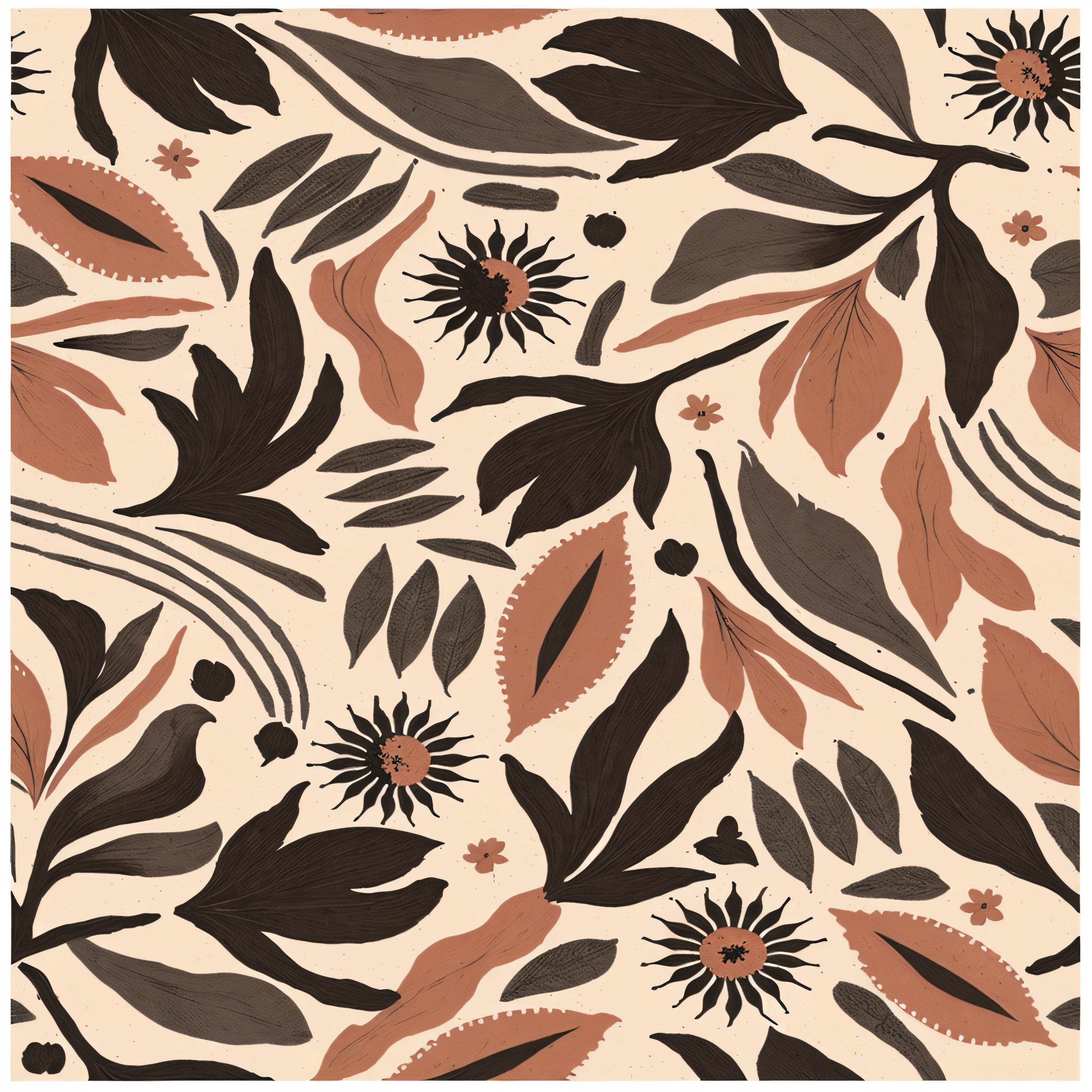 a painting of a pattern with black and pink flowers, preto e terracota, textile print, palete de cor preta e auburn, melting in coral pattern, flores marrons, papel de parede floral, Directed by: Lisa Milroy, floral pattern, linhas finas pretas em marrom quente, botanical printing, design de papel de parede, marrons mudos, plantas por todo o lado, Detalhe intrincado da pincelada, (Por Tom Purvis)