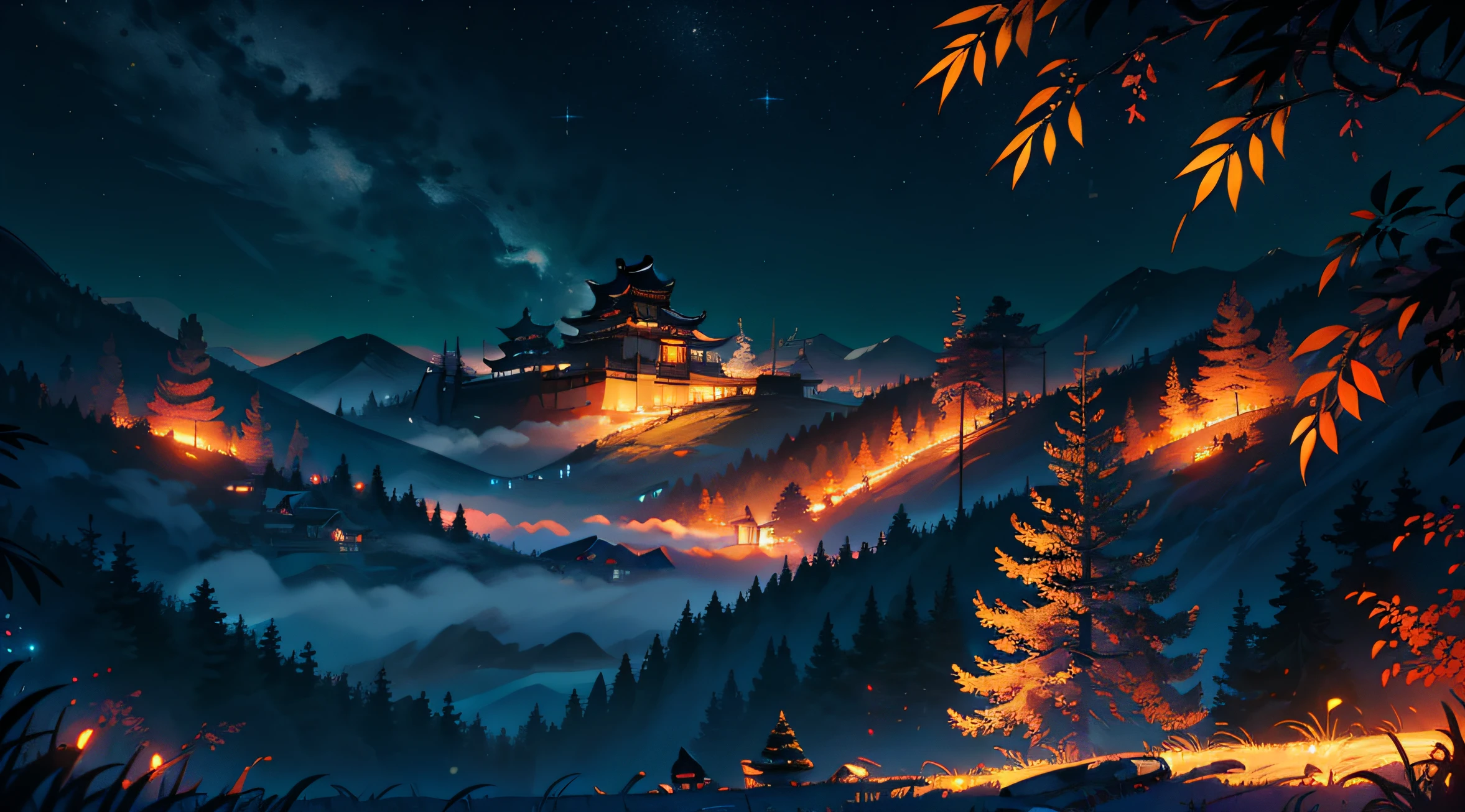 Real photo, viewed from above on a full moon night and bright above bamboo forest, glittering the light of the stars in ancient China, visible in the distant mist on the horizon, full of moonlight and the galaxy , detail, contemporary art, colorful, anime style with colorful contrasts like alternating orange and blue, vivid, white mixed red and black, masterpiece, 32k, light and shadow details, angular details of the lines on the object,