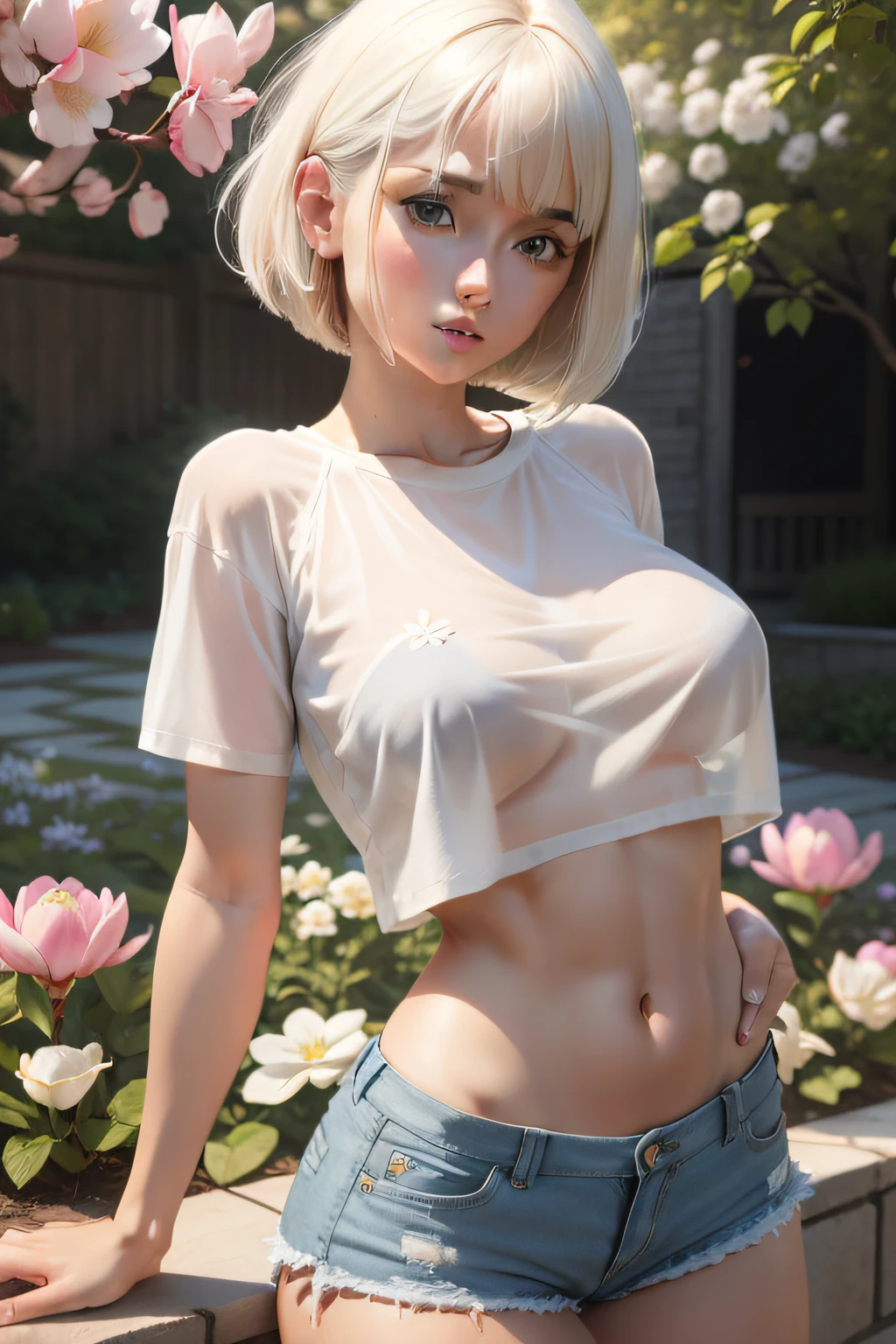 pretty 1girl, absurd res, 8k UHD, platinum blonde hair, bob cut, medium breasts, white see-through t-shirt, denim shorts, garden background, flowers, magnolias, apple tree, close up portrait, nice abs