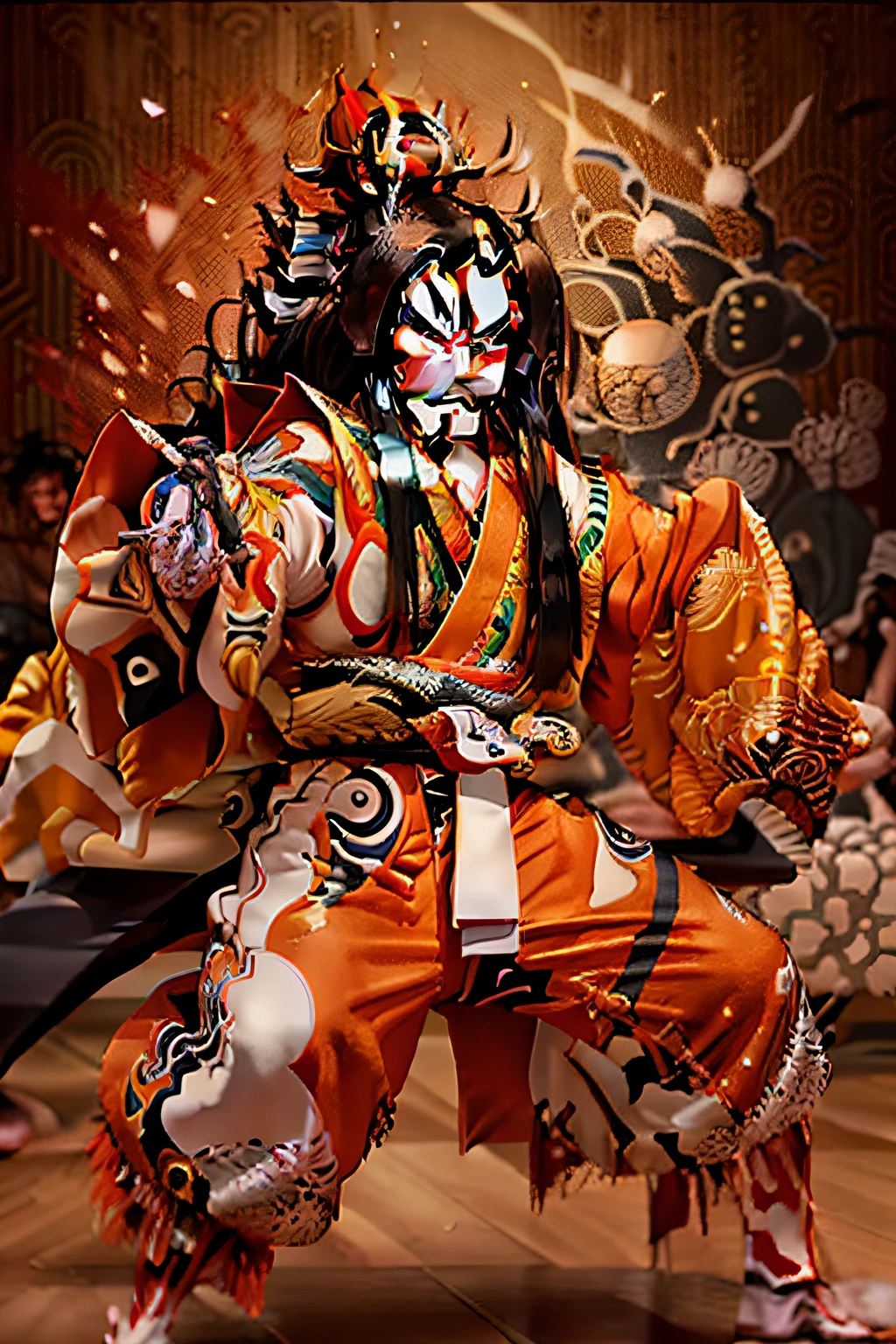 Kabukiza,Kabuki actor,ember,male people,Kime Pose,Long hair,Scary face,The background is the stage,a cool,realisitic,a picture,