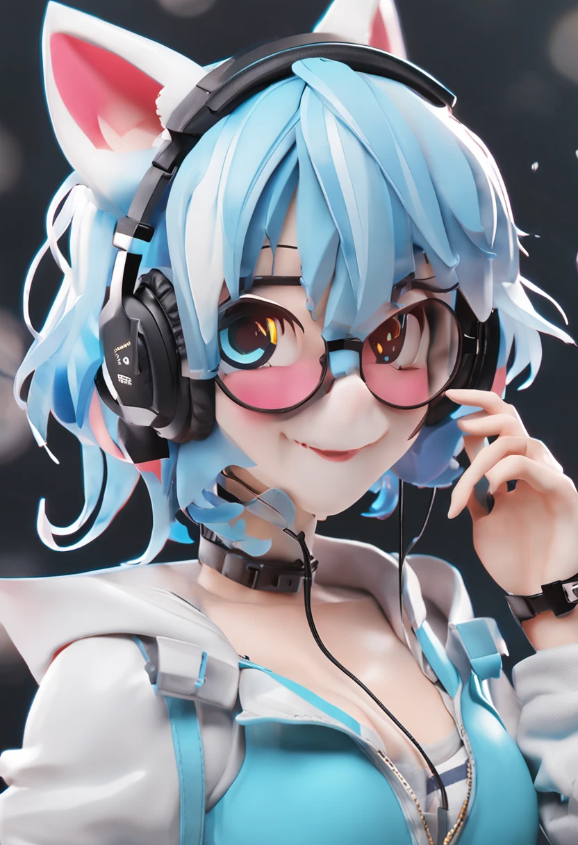 light blue hair, hollow eyes, cat ear headphones, smile, smile, blind box toy style, ray tracing, move chart, three sided view, Sony FE, UHD, retina, masterpiece, high quality, highres, 4K