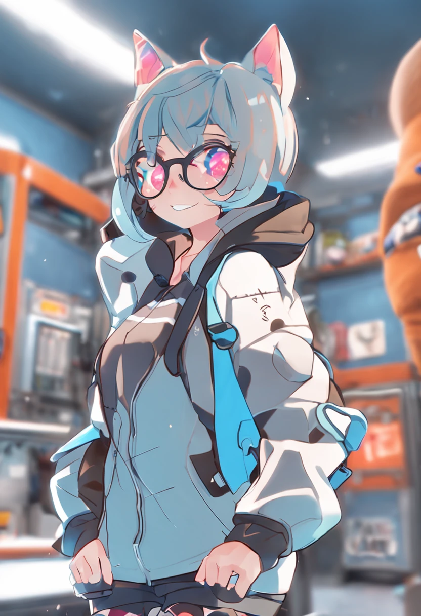 light blue hair, hollow eyes, cat ear headphones, smile, smile, blind box toy style, ray tracing, move chart, three sided view, Sony FE, UHD, retina, masterpiece, high quality, highres, 4K