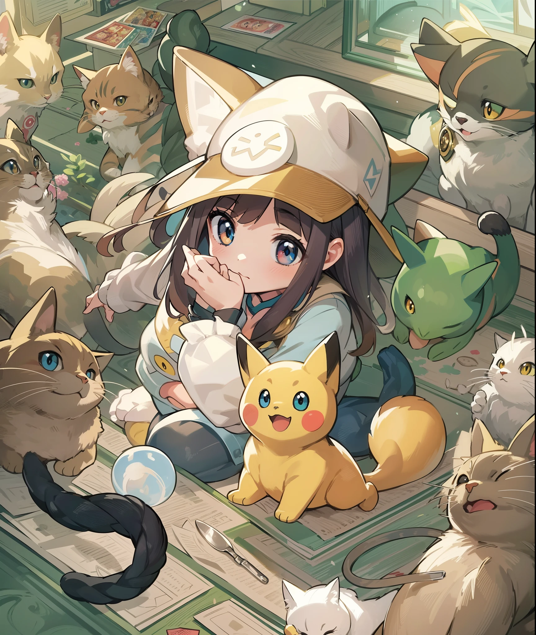 1girl in,A pokémon_The card,(top-quality), (high_quality), (Convoluted_Details), (ultra-detailliert), (illustratio), (Distinct_image),saito_naoki、With cats（（Cute cat１.５））